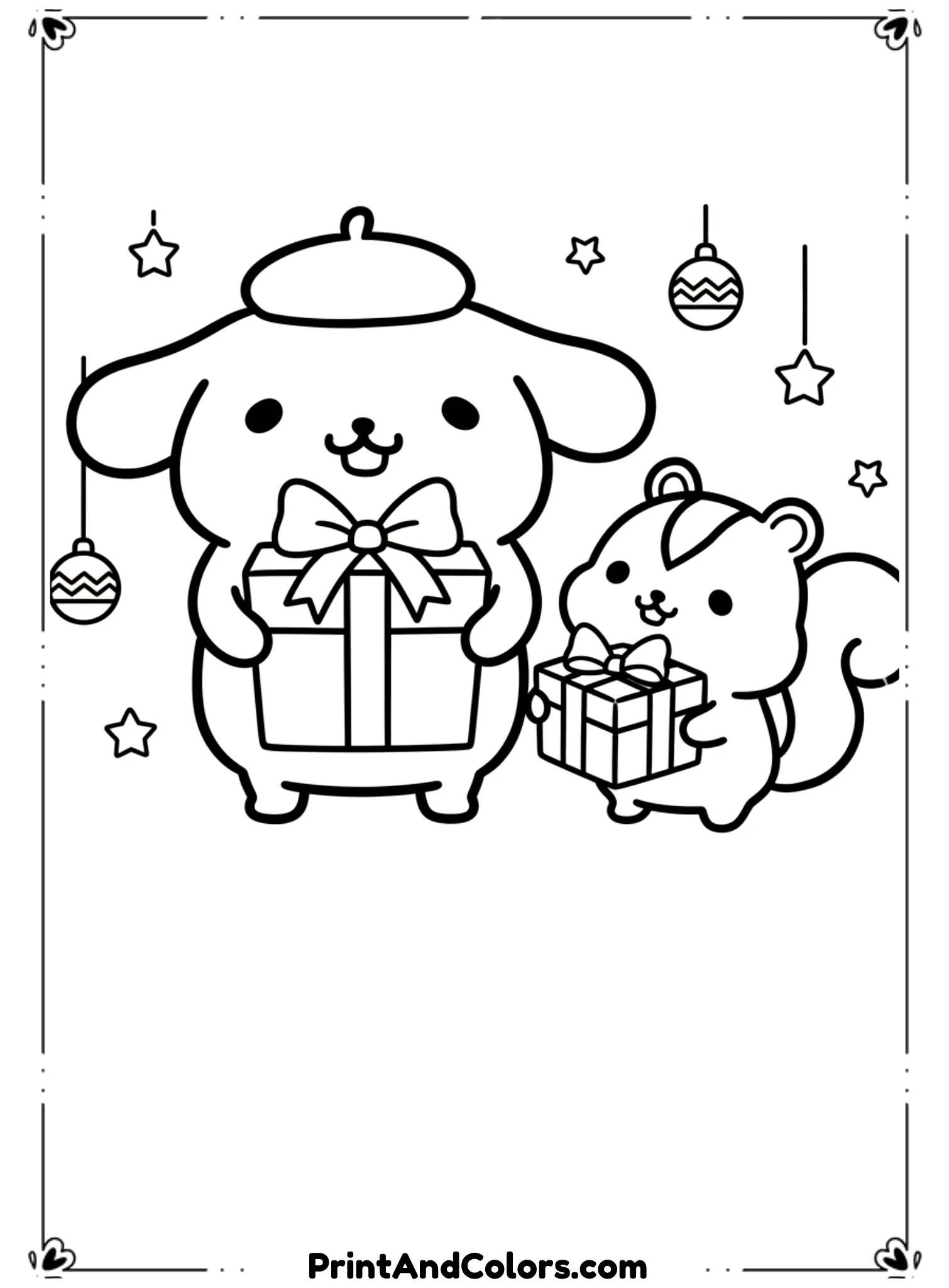  Illustrate PomPompurin and Scone holding wrapped Christmas gifts with bows. Add small festive elements like stars or ornaments. Use bold black outlines, no shading, and keep the scene cheerful and easy to color.
