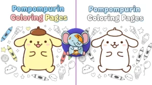 Create a cute and cheerful featured image showing PomPompurin in the center, smiling happily with his floppy ears and signature beret. Surround him with coloring page elements like crayons, pencils, paint brushes, stars, hearts, and simple doodle outlines. The style should be kawaii, kid-friendly, and Sanrio-inspired, with soft pastel colors, clean shapes, and a bright white background. Add large, playful text at the top reading “Pompompurin Coloring Pages” in a rounded, bubbly font. The overall look should feel fun, welcoming, and perfect for kids, parents, and printable coloring page websites.