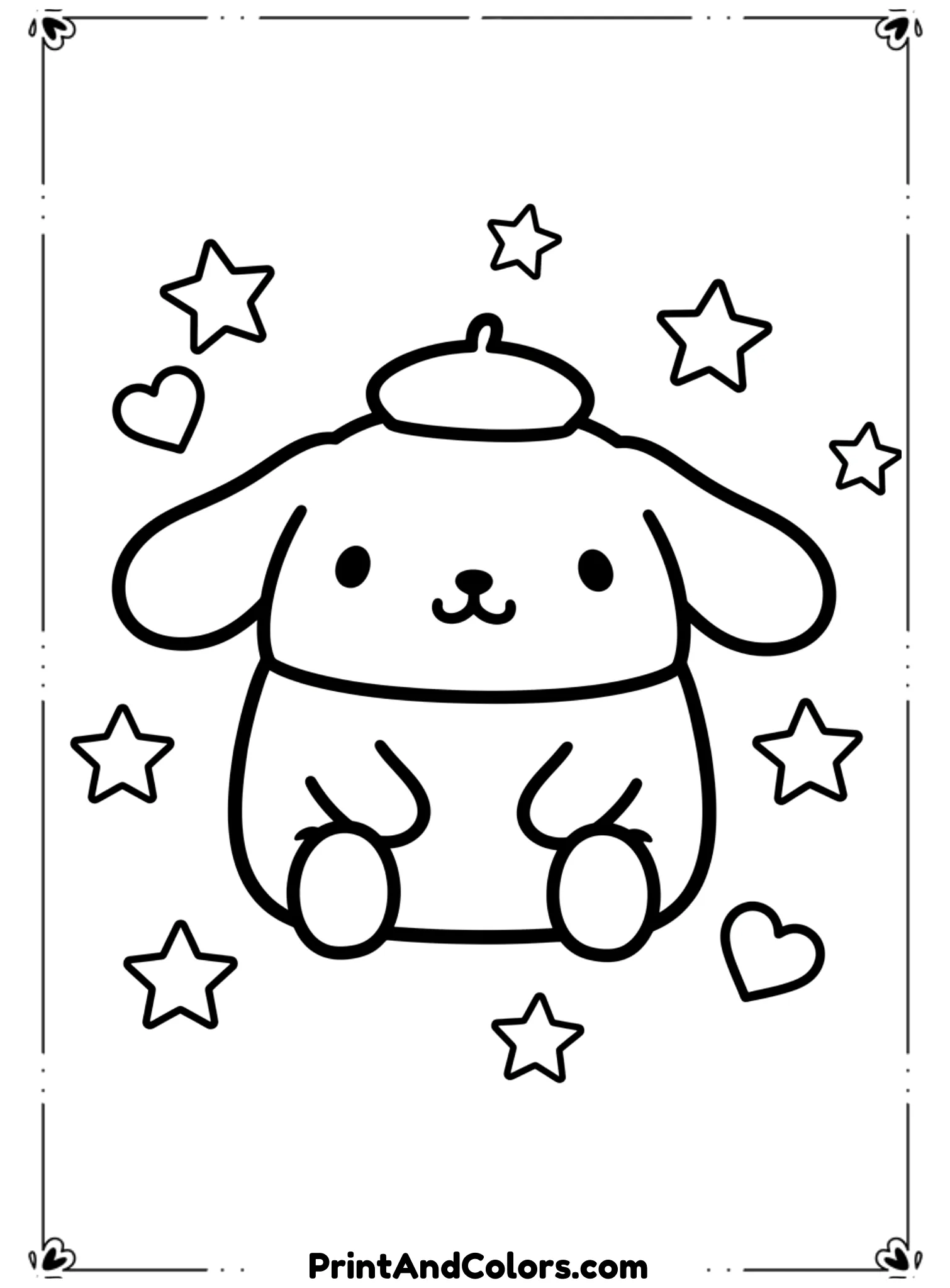 Create a cute PomPompurin character in classic Sanrio style, sitting in the center with rounded shapes and soft proportions. Draw clean, bold black outlines with smooth curves, no shading or grayscale. The character should have floppy ears, a small oval nose, and a gentle smile. Simple background with stars and hearts, spacious areas for easy coloring, kid-friendly, printable coloring page, black and white line art only.