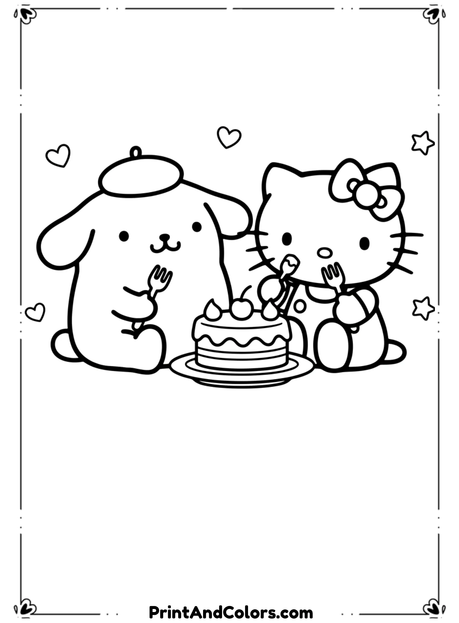  Create a sweet scene where PomPompurin and Hello Kitty sit together sharing cake. Both characters smile gently. Draw the cake with simple layers and decorations. Use clean black outlines, no shading, and keep the composition balanced.
