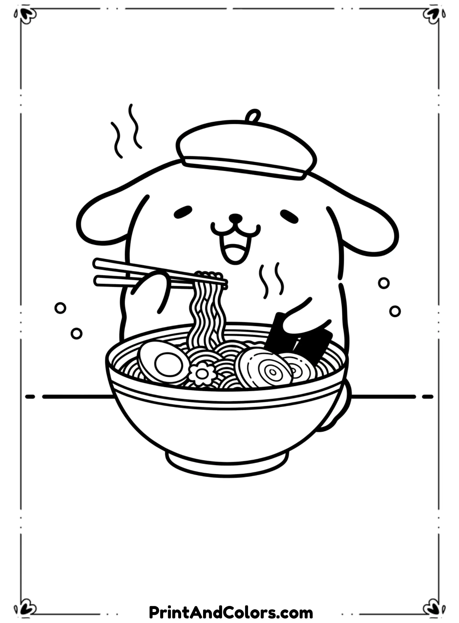 Illustrate PomPompurin sitting with a bowl of ramen, holding chopsticks happily. Include noodles and steam lines in simple form. Use bold black outlines, no gray tones, and keep the background minimal for coloring ease.
