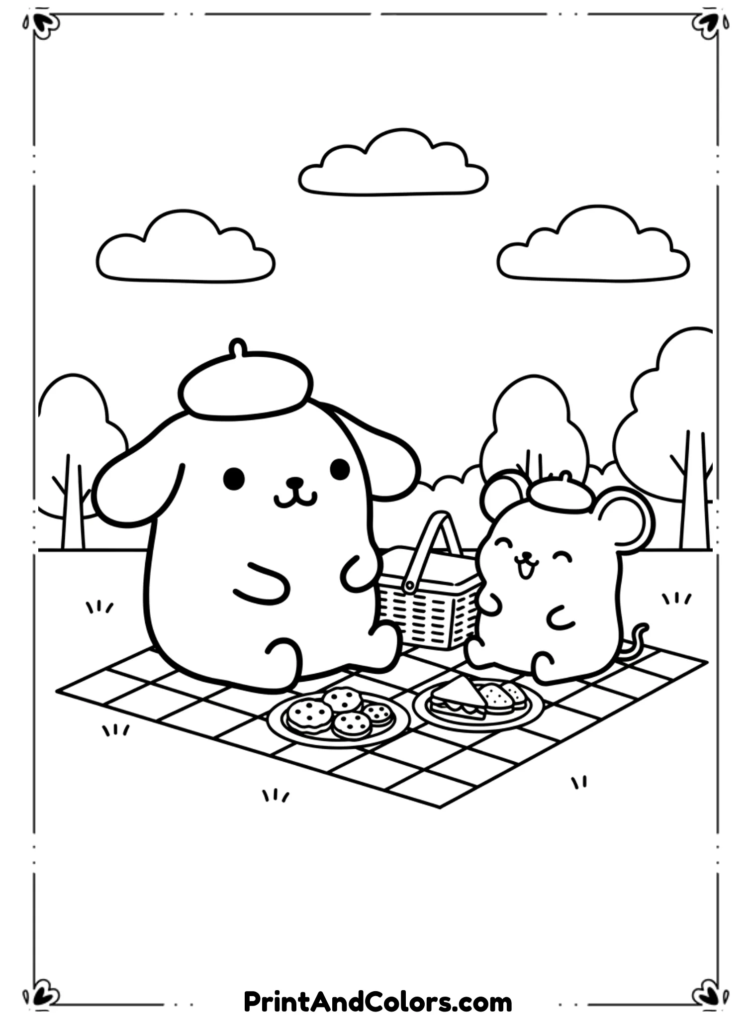  Draw PomPompurin sitting on a picnic blanket with Macaroon beside him. Include simple picnic items like a basket and snacks. Characters should face each other happily. Use smooth black line art, rounded shapes, no shading, and a clean outdoor scene.
