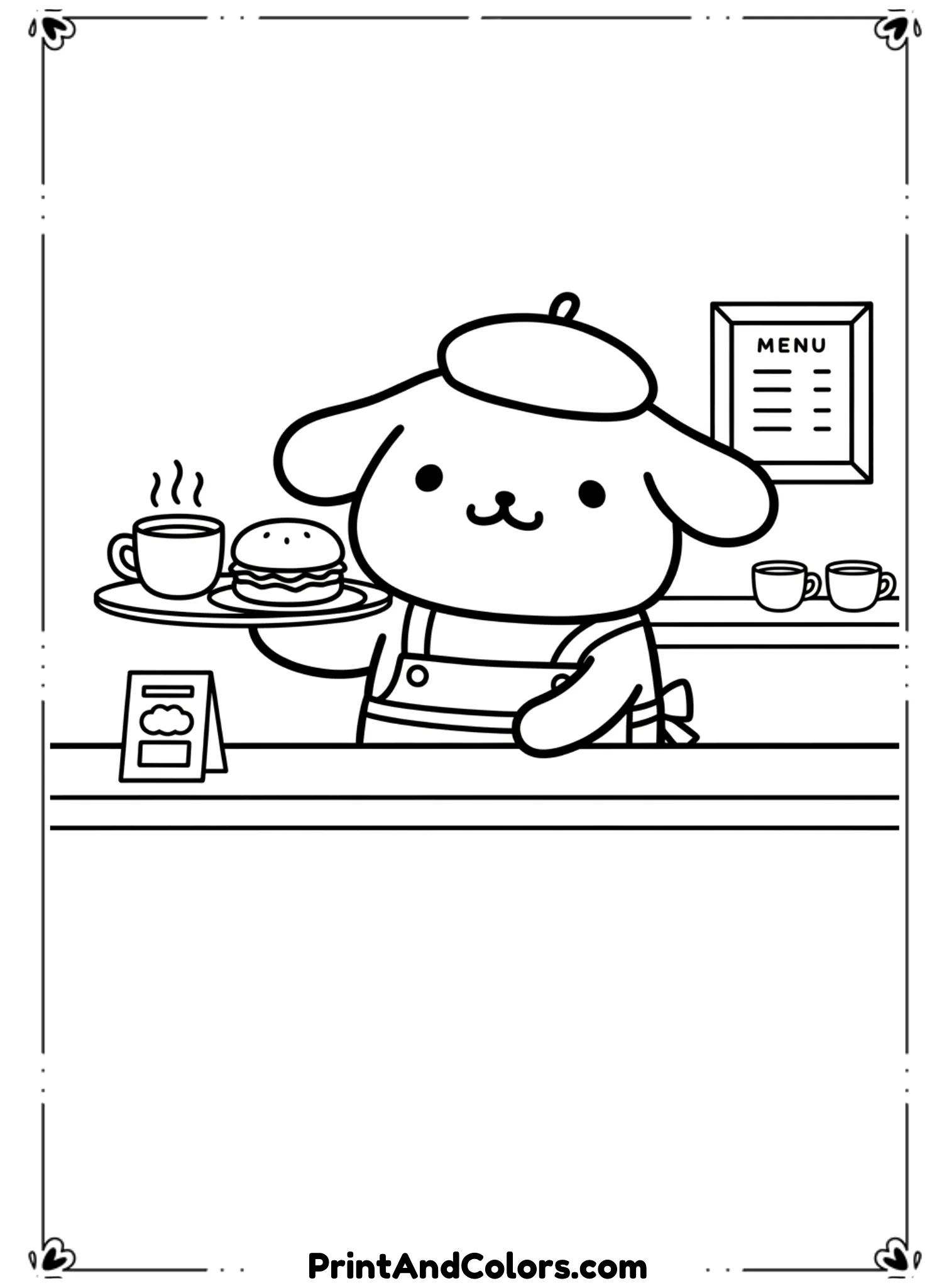  Draw PomPompurin wearing a small apron while serving coffee and a burger on a tray. His smile is welcoming and cute. Use clean black line art, rounded food shapes, no shading, and a simple café-style setting.
