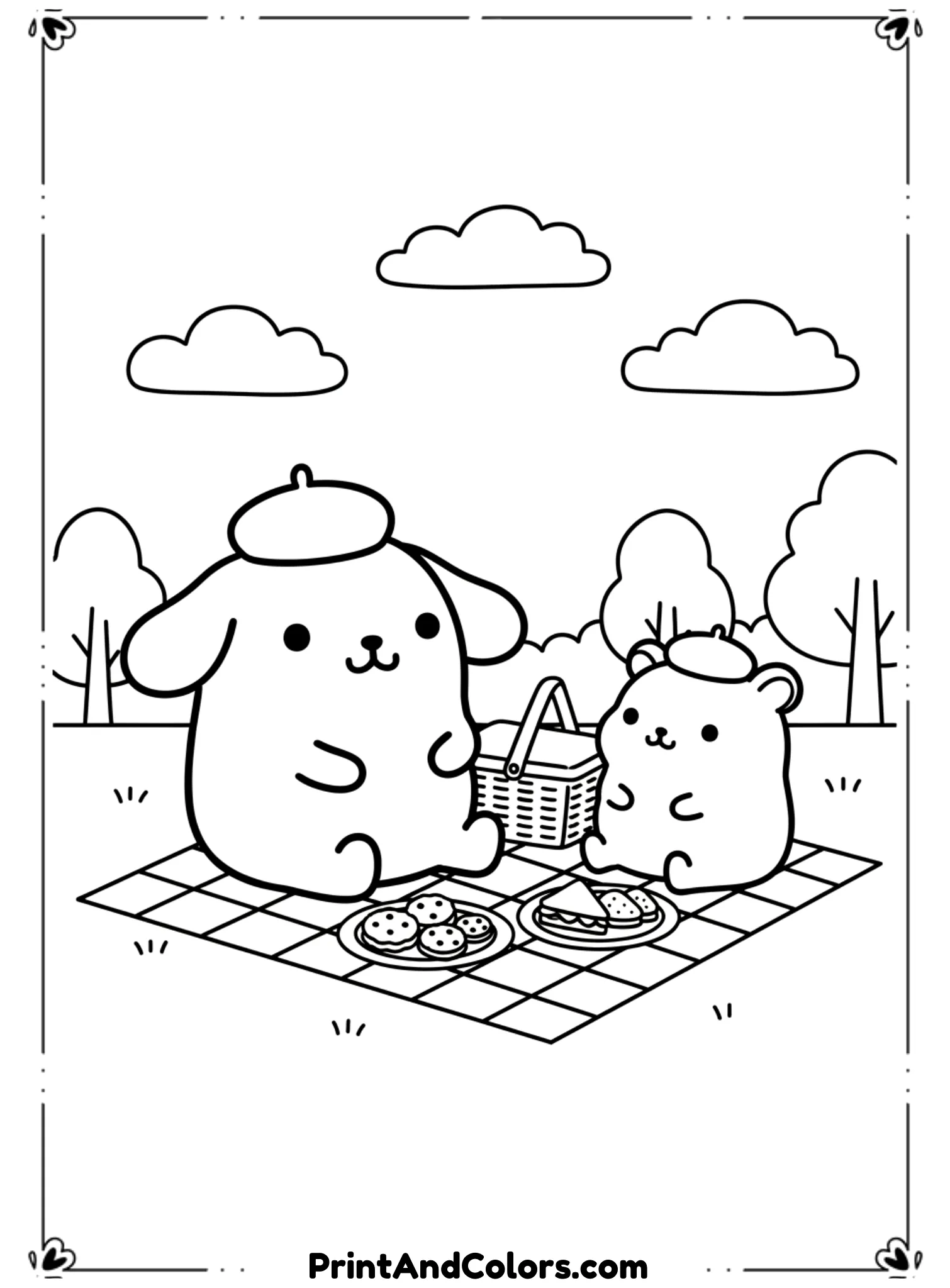  Illustrate PomPompurin sitting with one ear lifted playfully while the other hangs down. Keep the pose simple and expressive. Use thick black outlines, very minimal details, and large open spaces, designed especially for preschool coloring. No background elements except a few dots.
