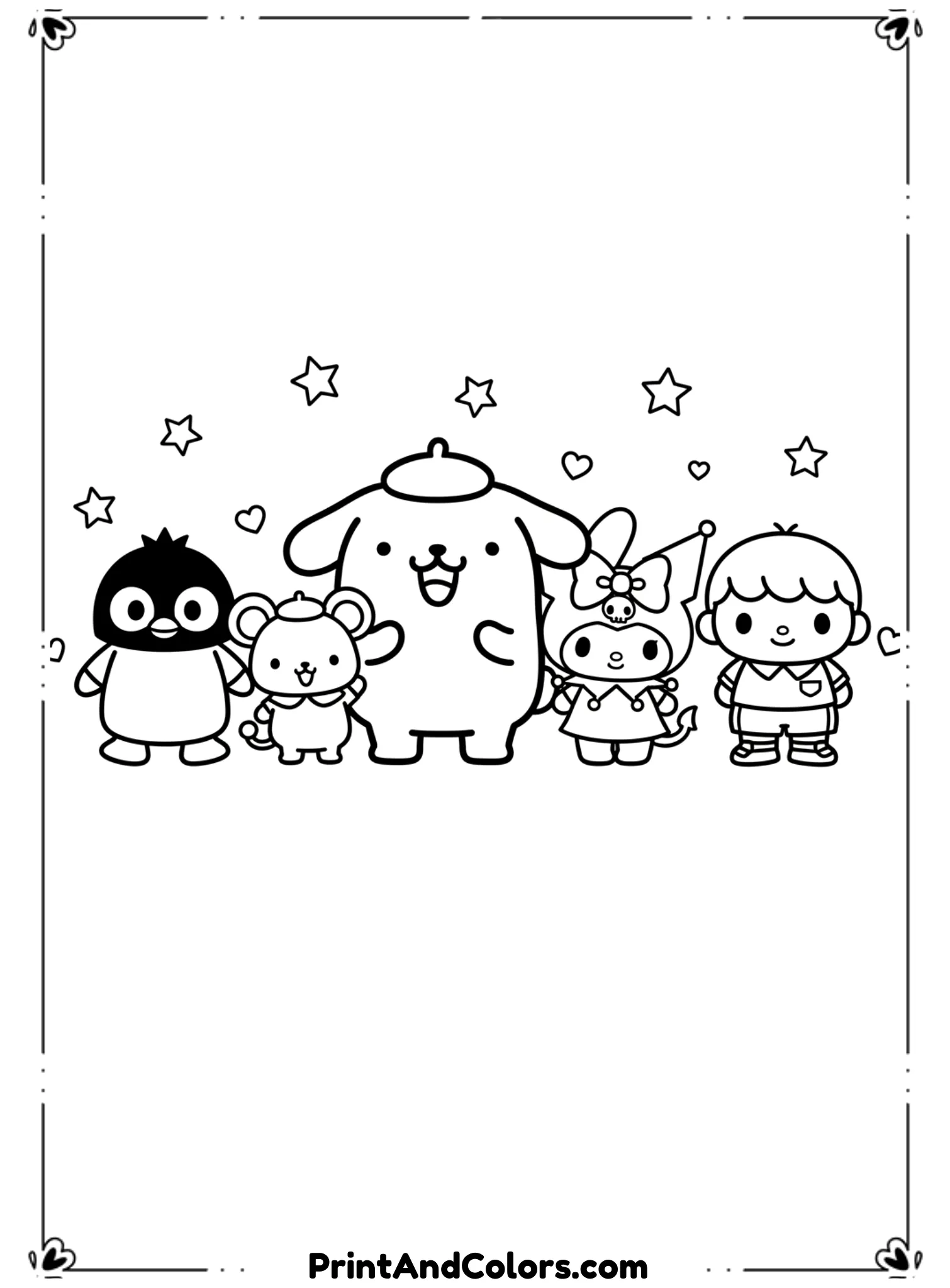 Illustrate PomPompurin standing in the center with Macaroon and other friends around him. Everyone looks cheerful and friendly. Use thick black outlines, kawaii facial expressions, and minimal background details such as hearts or stars.
