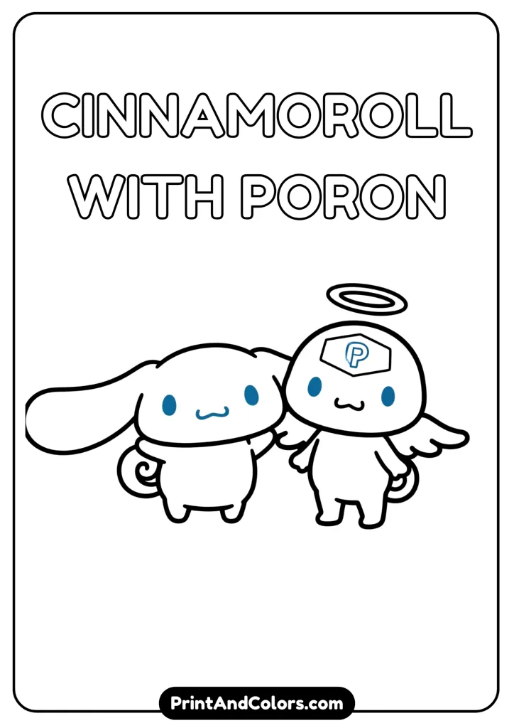 Cinnamoroll standing with Poron, both smiling, cartoon black and white outline, no colors, simple clean details