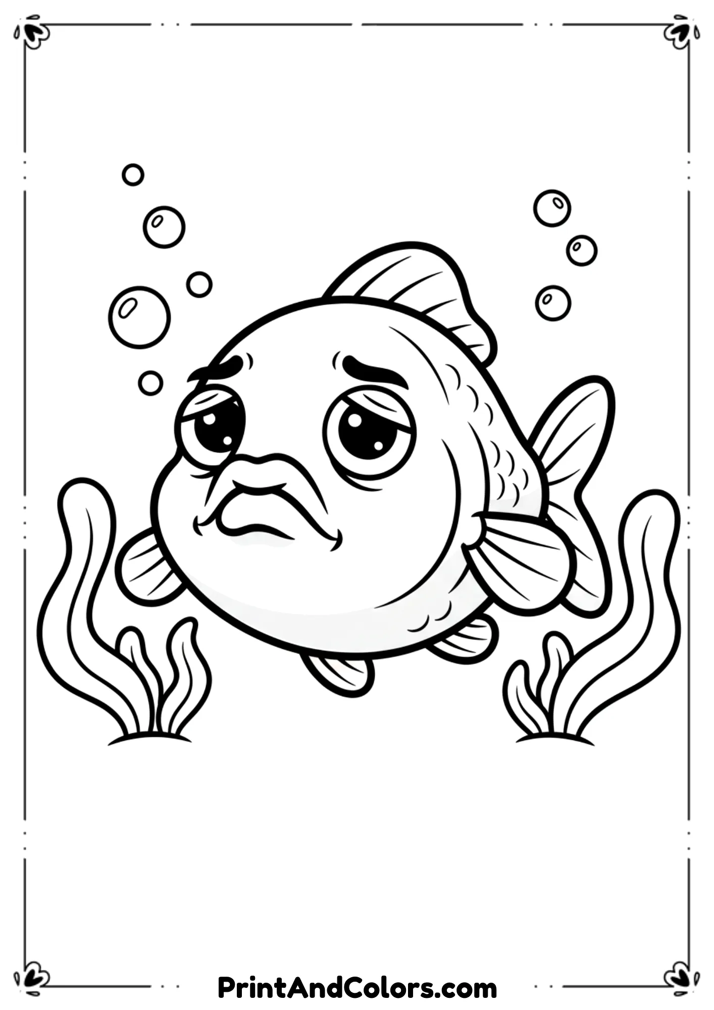 Cute pouty-faced fish with rounded fins and expressive lips. Add bubbles and simple plants. Cartoon-style with thick outlines.