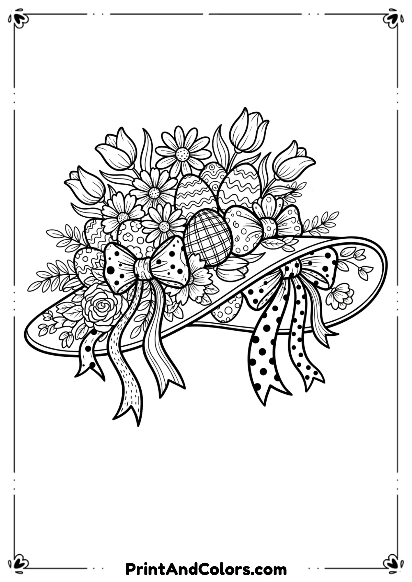  Black and white drawing of a detailed Easter bonnet decorated with flowers, bows, and eggs.
