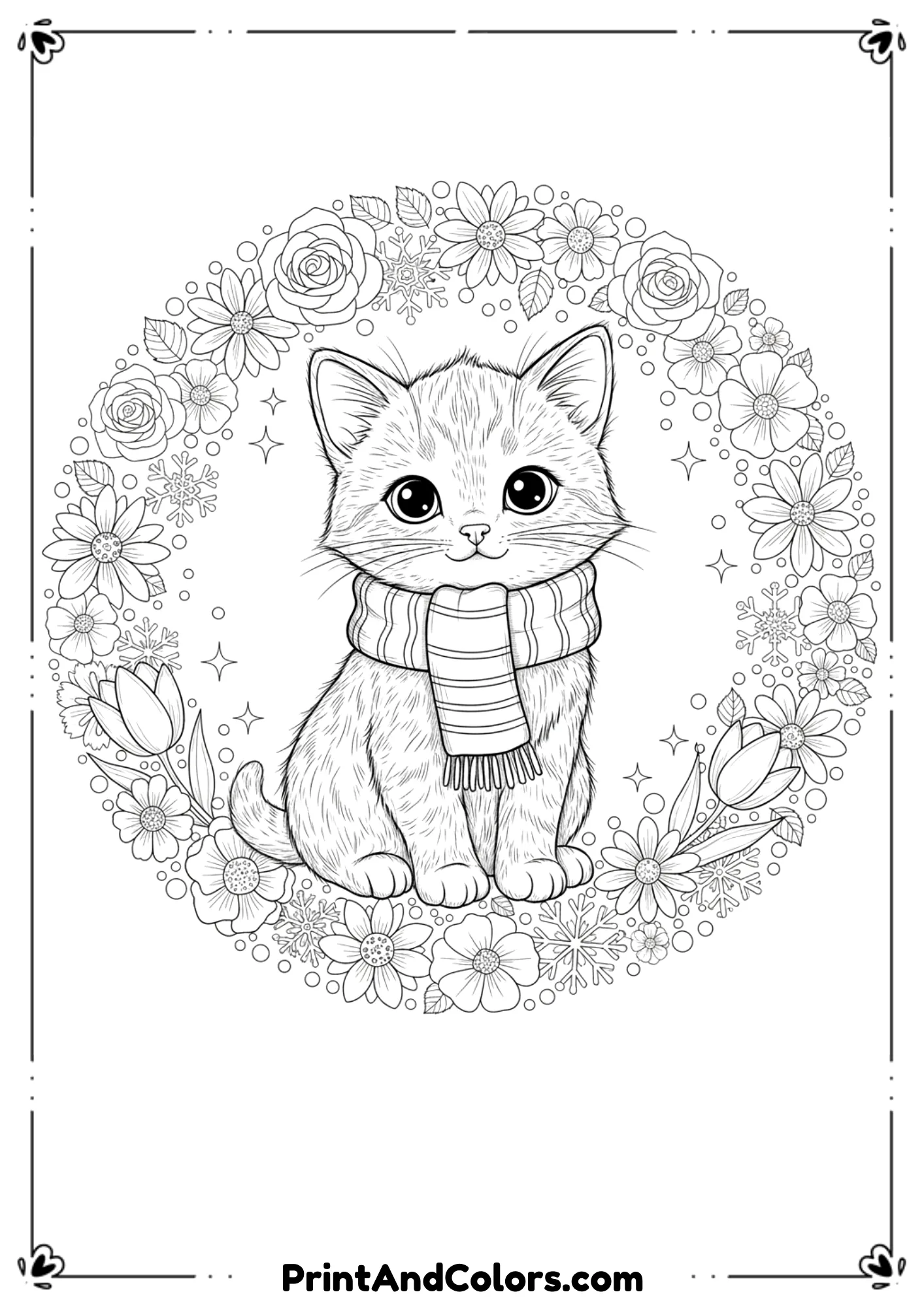 Cute kitten wearing a winter scarf surrounded by flowers and snowflakes, detailed black line art.
