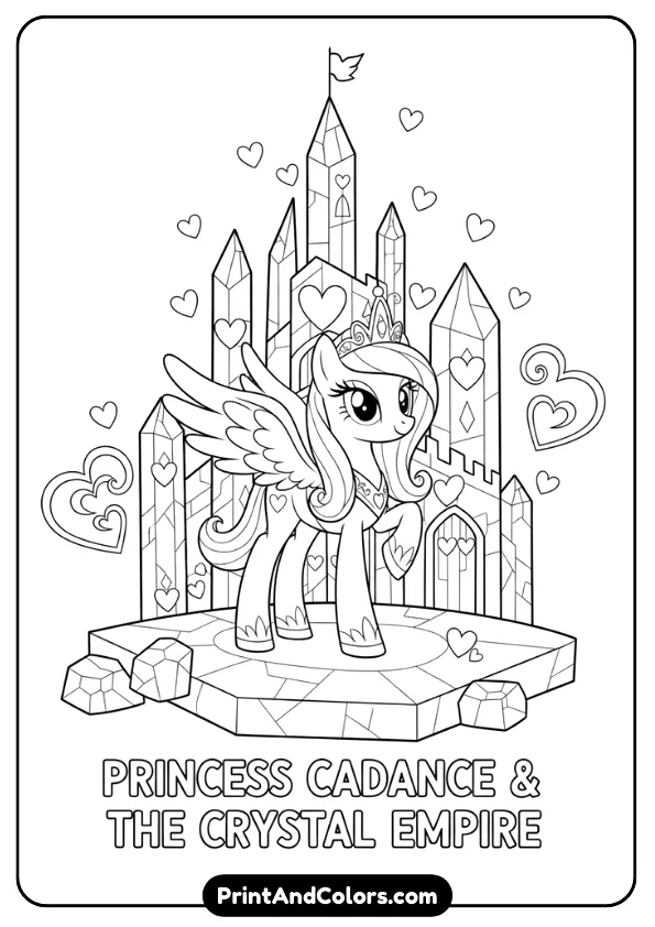 Create a black and white outline coloring sheet of Princess Cadance in the Crystal Empire with crystal towers and heart motifs. Clean bold lines, no grayscale, suitable for kids coloring.