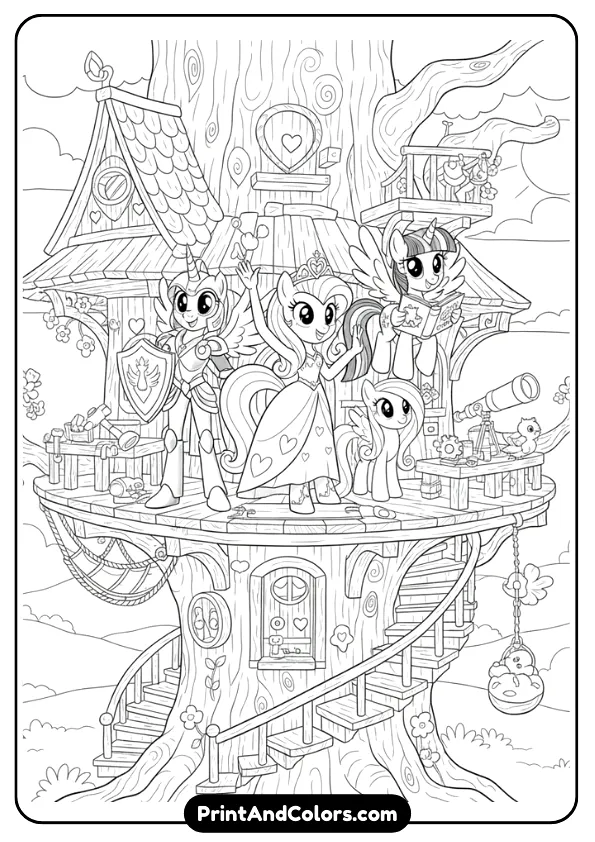 black and white coloring page of Princess Cadance and friends standing on top of a tree house. Smiling poses, wooden details, simple background.