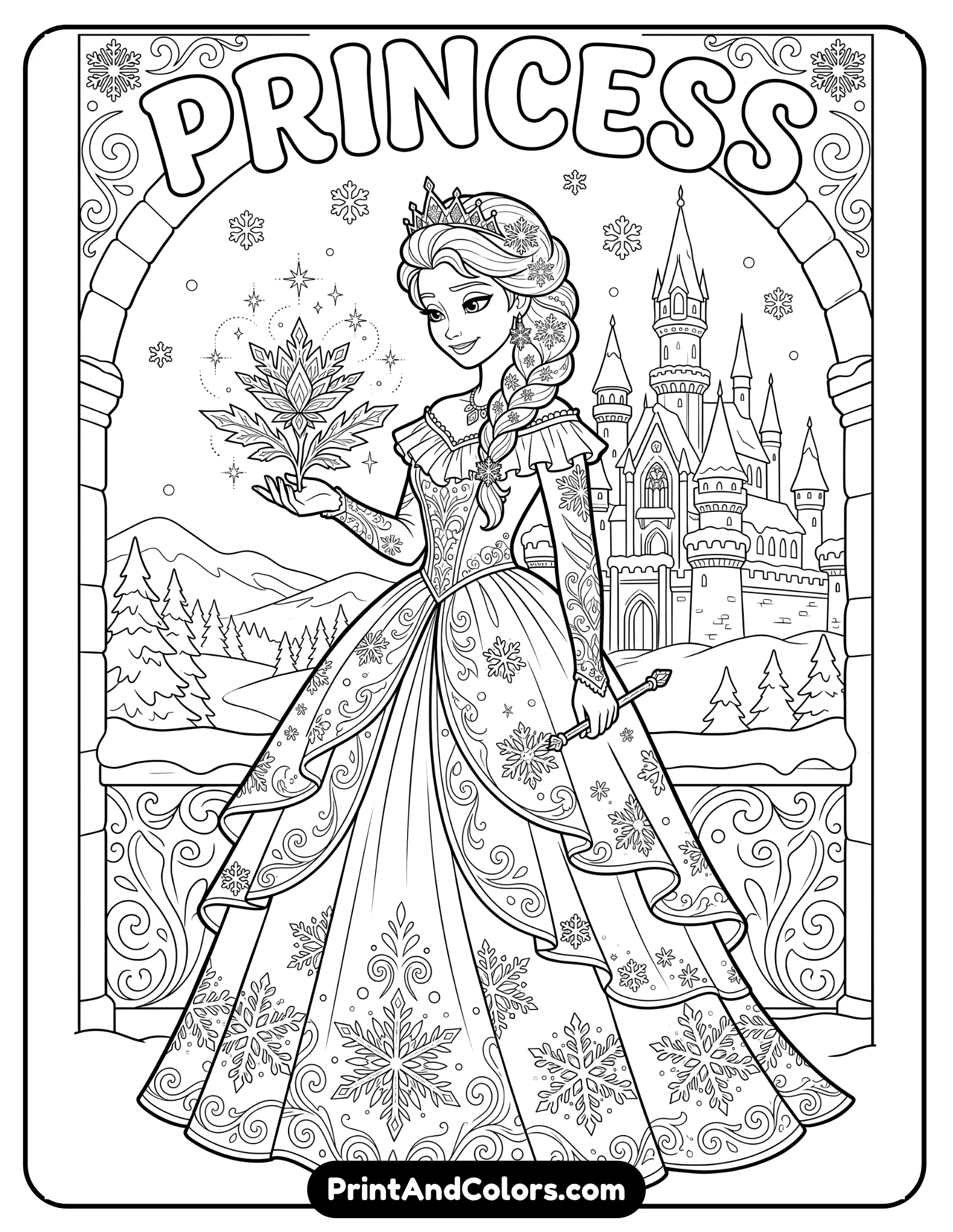 Princess Elsa in a graceful royal pose, wearing a sparkling princess dress with snowflake decorations, holding a magical icy flower, snowy castle background, black and white coloring book line art, printable page with intricate but clean outlines