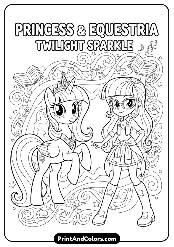 Illustrate a black and white coloring page showing Princess Twilight Sparkle alongside her Equestria Girls version. Clean outlines, balanced composition, no shading, printable coloring sheet.