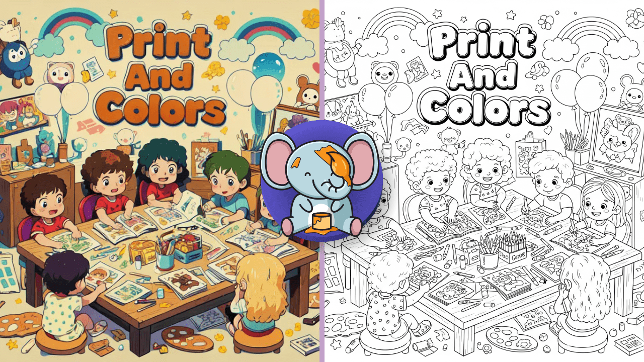Kids happily coloring printables with “Print And Colors” title above, surrounded by art supplies and fun doodles.
