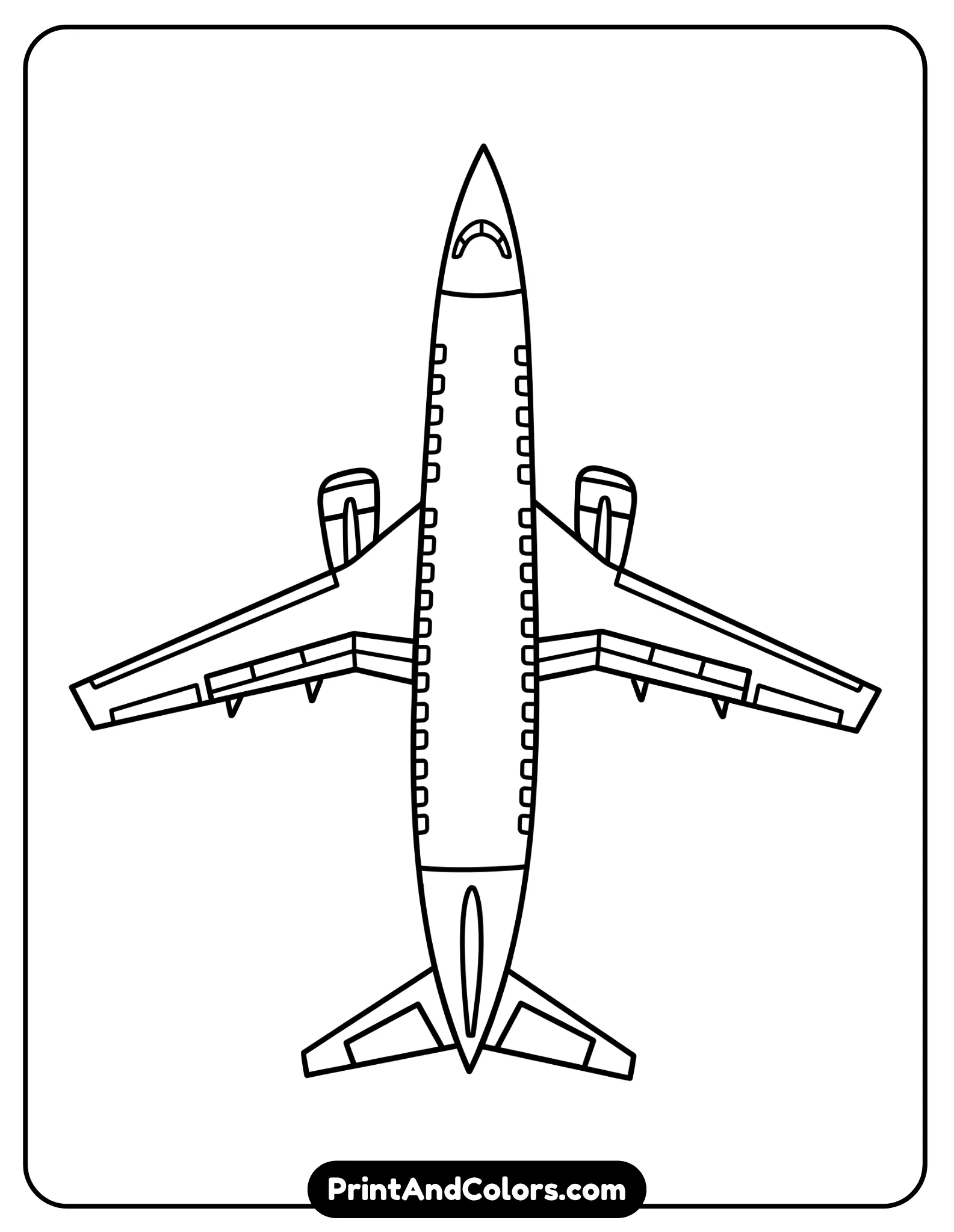 Finished colorful top-view passenger airplane drawing with a long central fuselage, wide main wings, smaller tail wings, two jet engines, airplane windows, and detailed sections ready for kids to color or print.