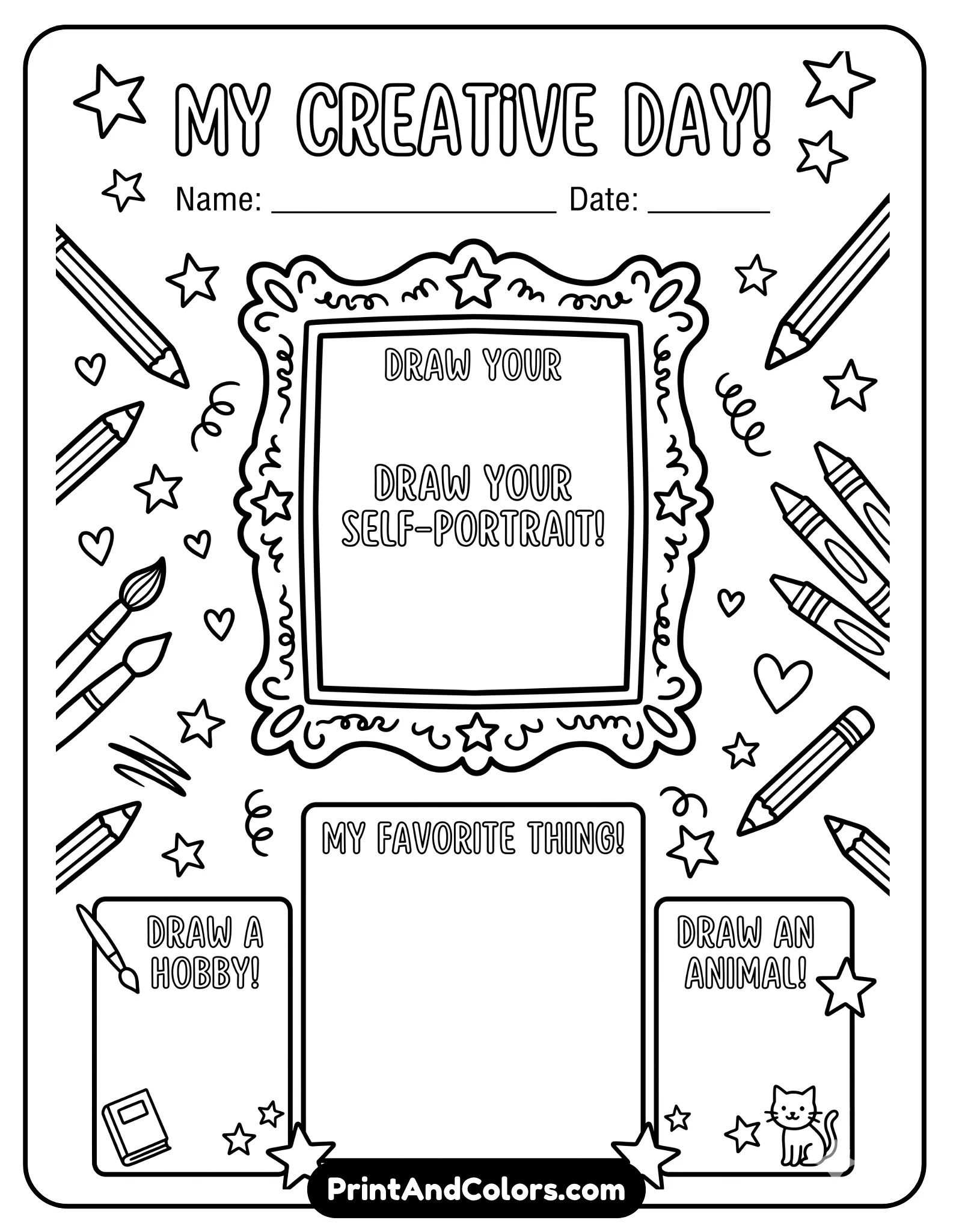 printable worksheet combining drawing boxes and coloring elements. Include a self-portrait frame, decorative borders, and themed icons like stars and pencils. Clear outlines, no grayscale