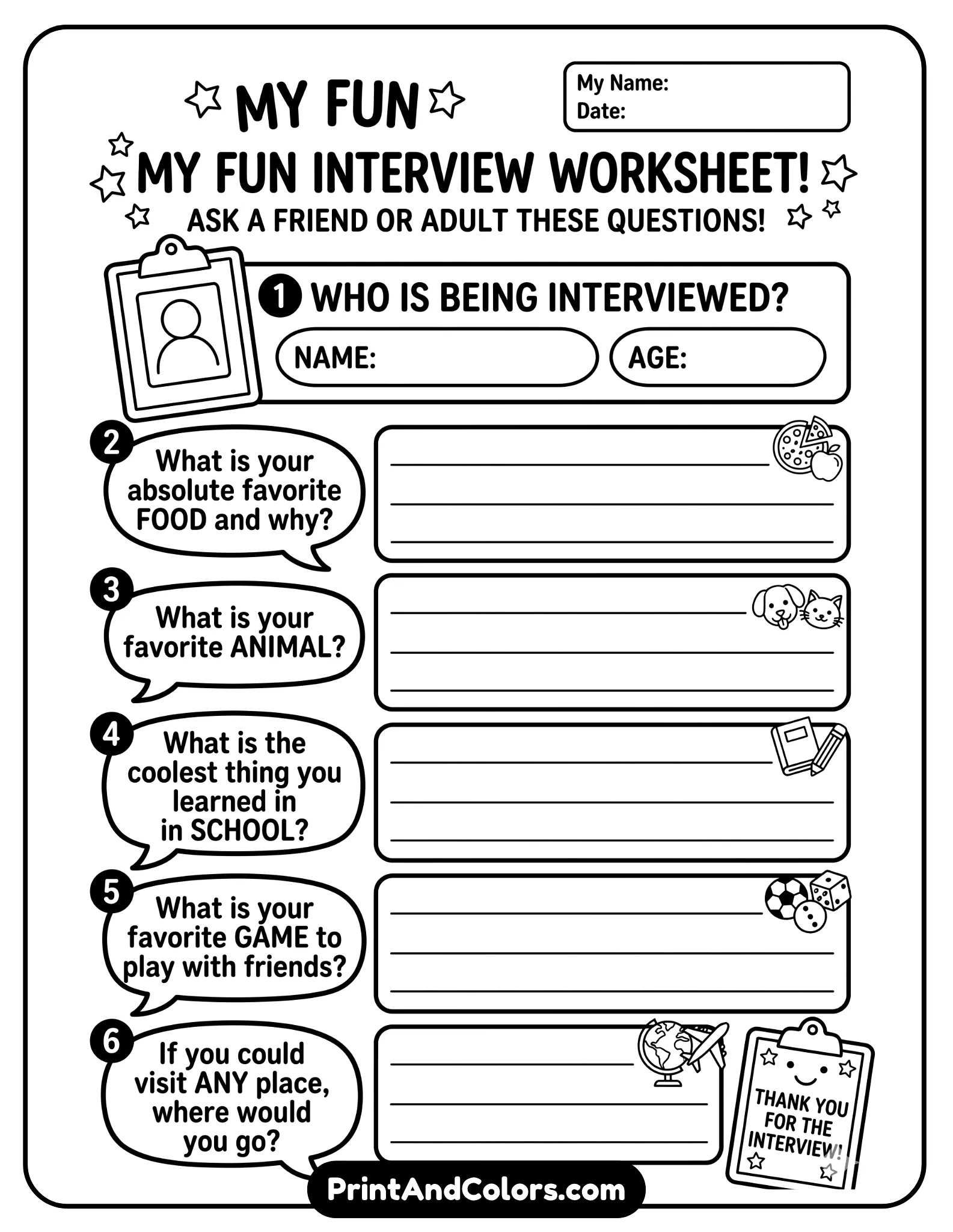 interview-style black-and-white worksheet with question-and-answer boxes, clipboards, and speech bubbles. Suitable for elementary students. Clean layout, bold outlines