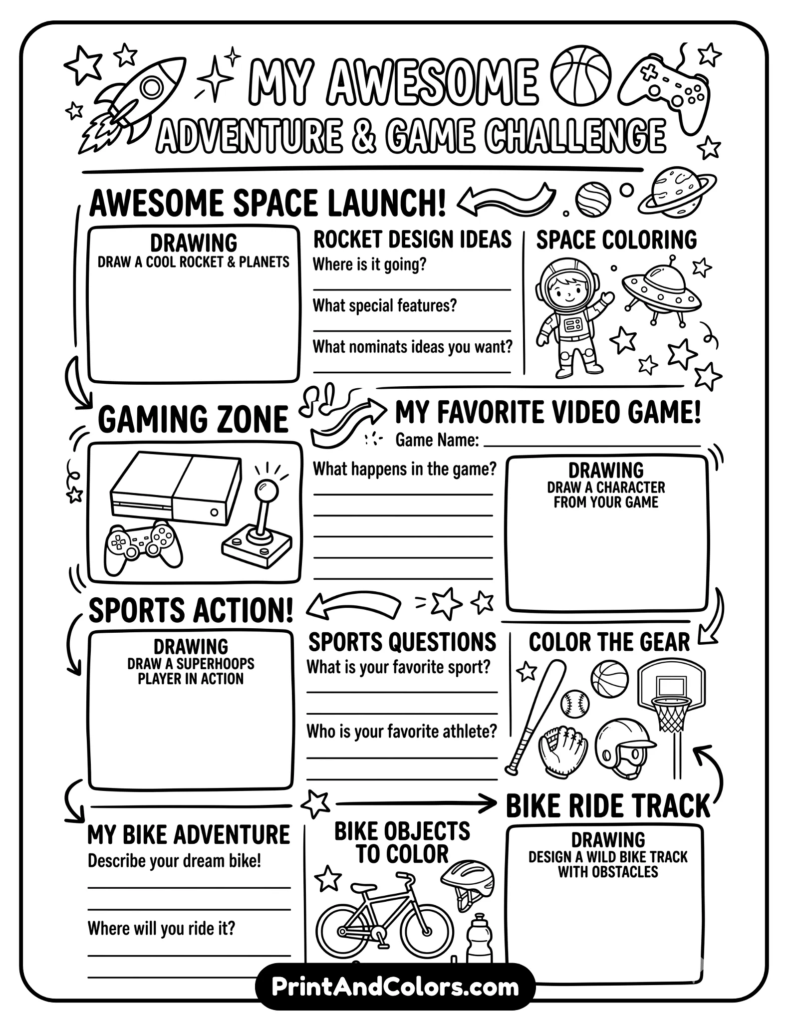 black-and-white printable worksheet with a cartoon boy character, simple icons, and labeled writing lines. Minimal background, bold outlines, easy-to-color format.