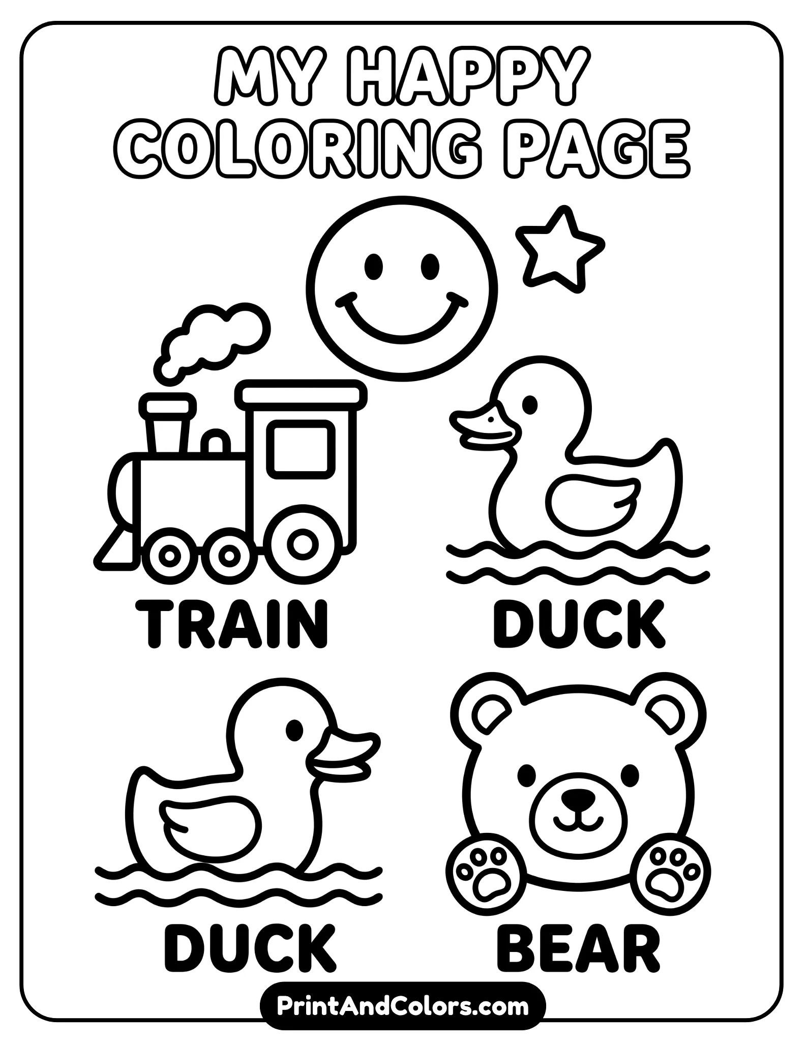 toddler-friendly black-and-white worksheet with very large icons, minimal text, and simple shapes. Include smiley faces, toys, animals, and thick outlines for easy coloring.