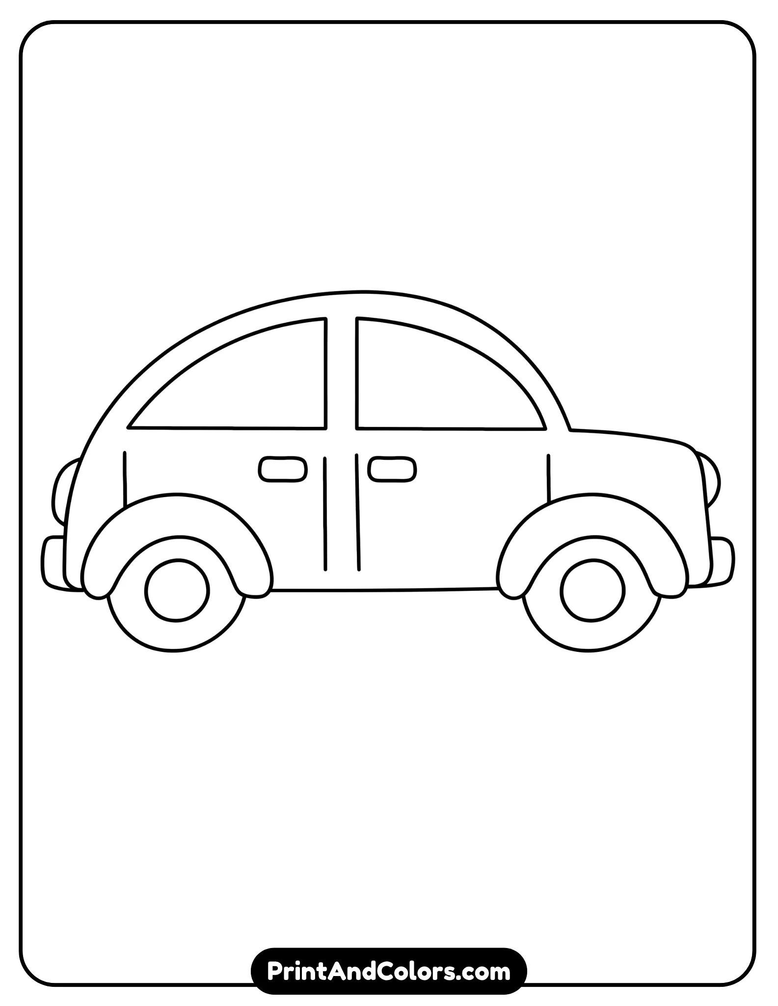 Printable car drawing PDF showing the complete step-by-step car outline with the body, curved roof, windows, wheel arches, wheels, doors, lights, bumpers, and other simple details.