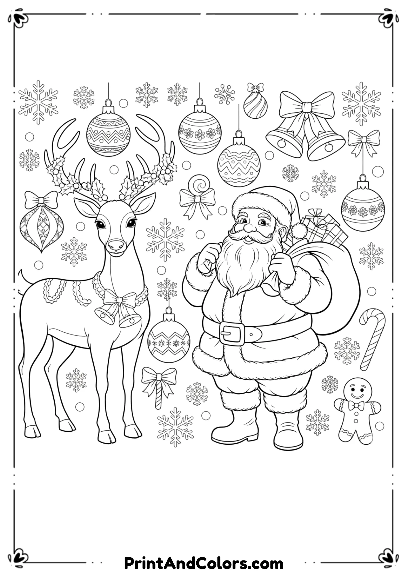  Line art of various Christmas elements—Santa, reindeer, ornaments—made for printable coloring pages.
