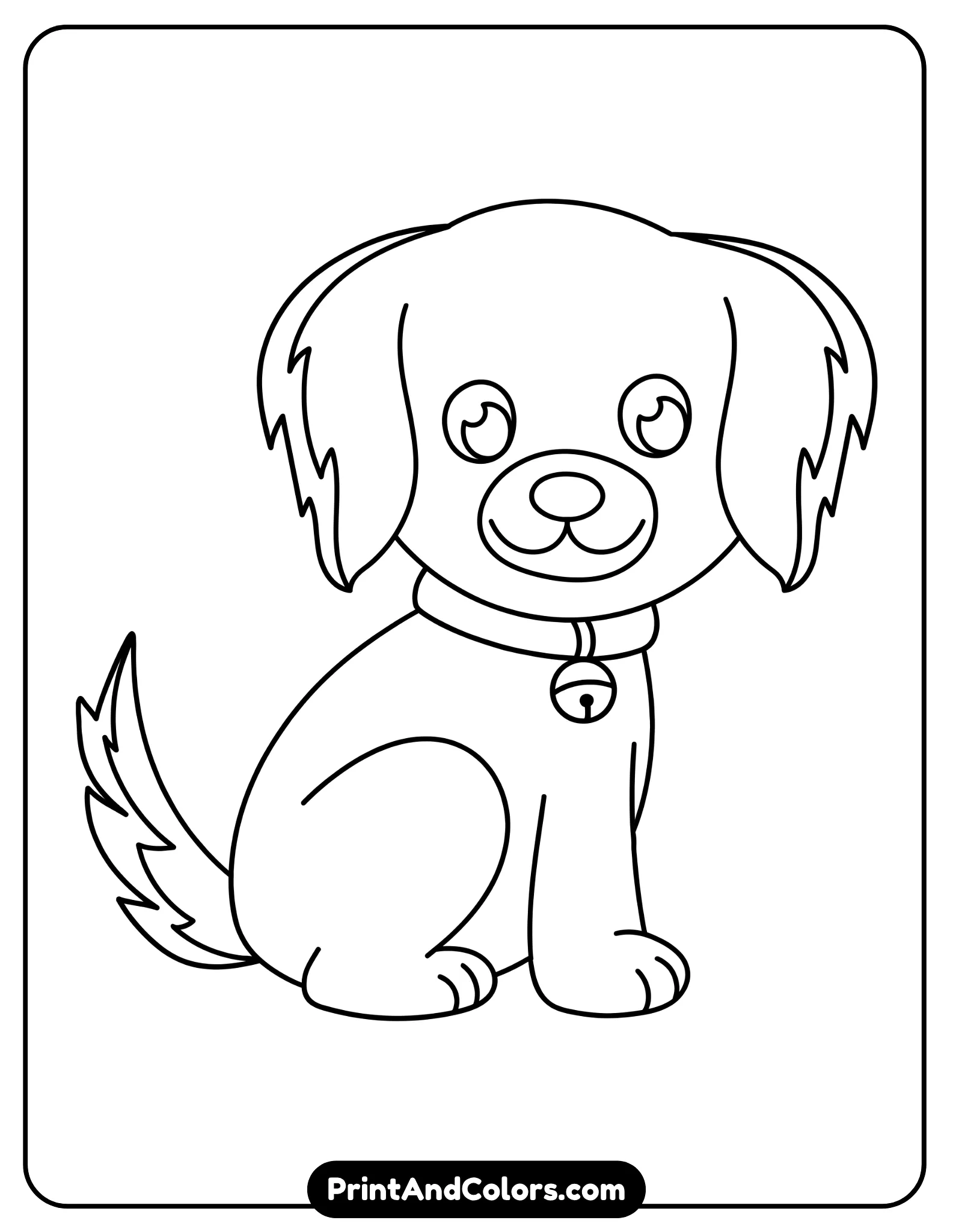 Printable dog drawing worksheet showing the completed black-and-white dog outline with floppy ears, large eyes, rounded muzzle, legs, paws, fluffy tail, and collar ready for coloring