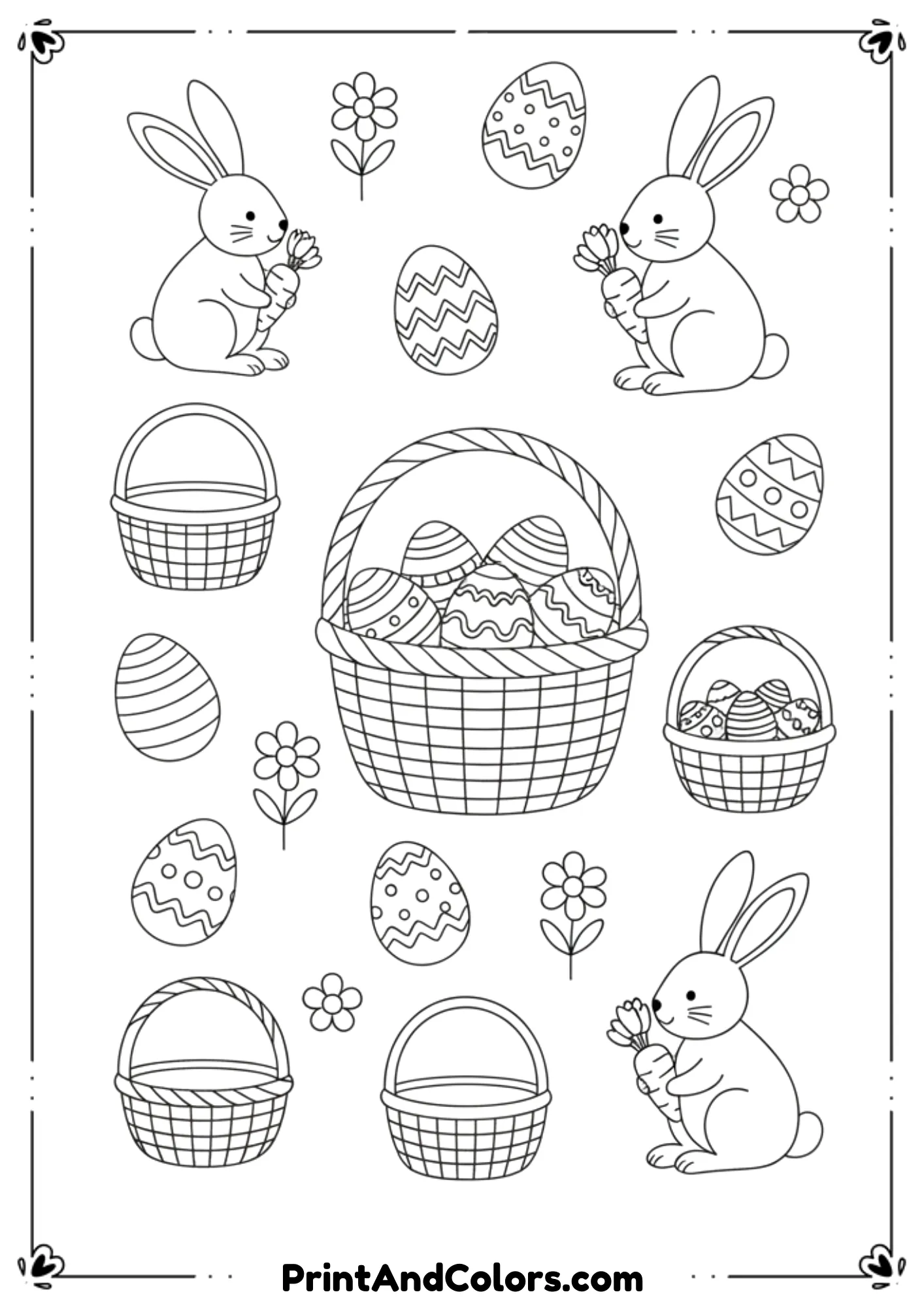 Black and white outline illustrations of Easter baskets, eggs, and rabbits arranged in printable sheet style.
