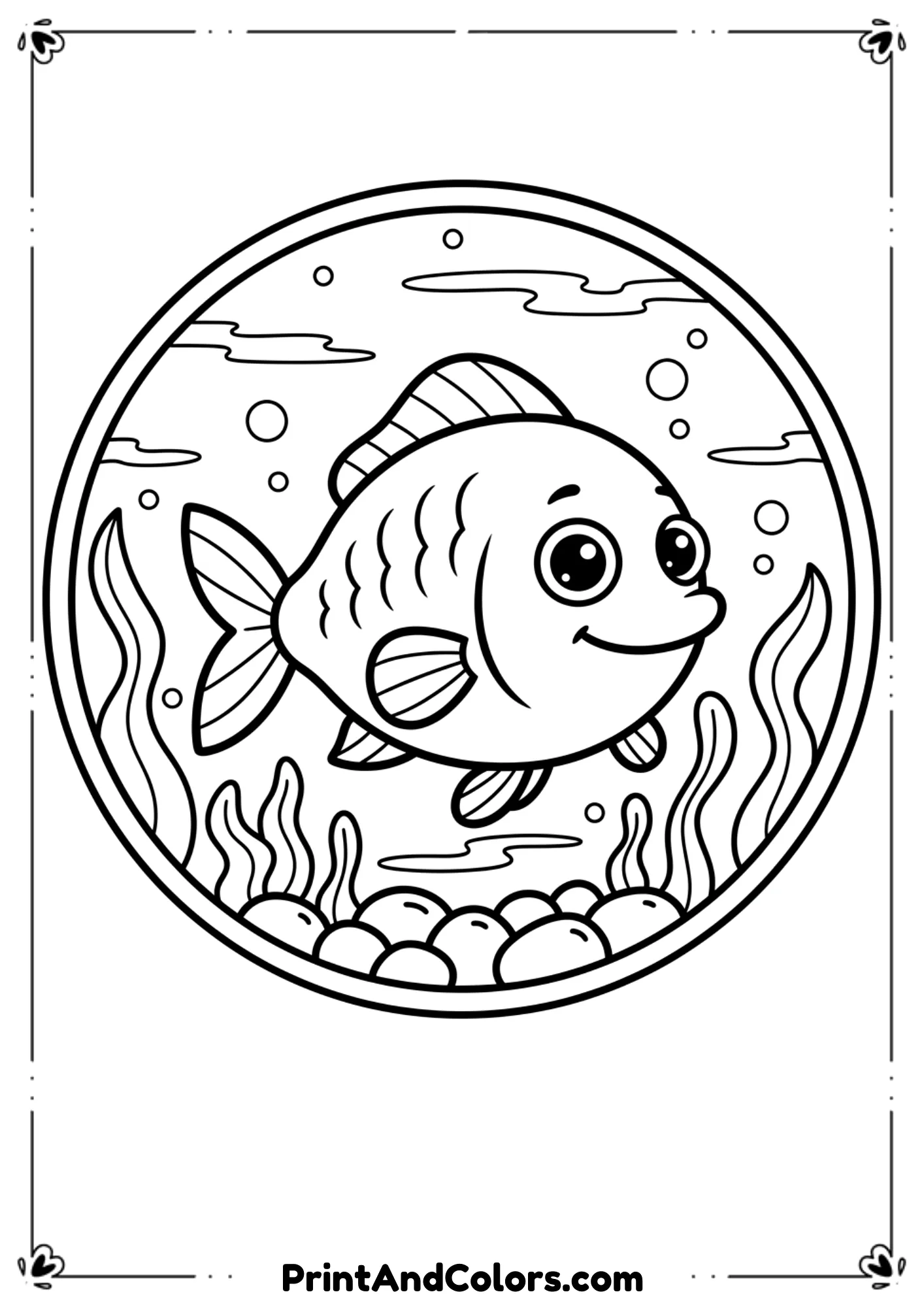 A general printable black and white fish illustration featuring a simple fish, seaweed, and basic shapes. Clear outlines designed for easy printing.