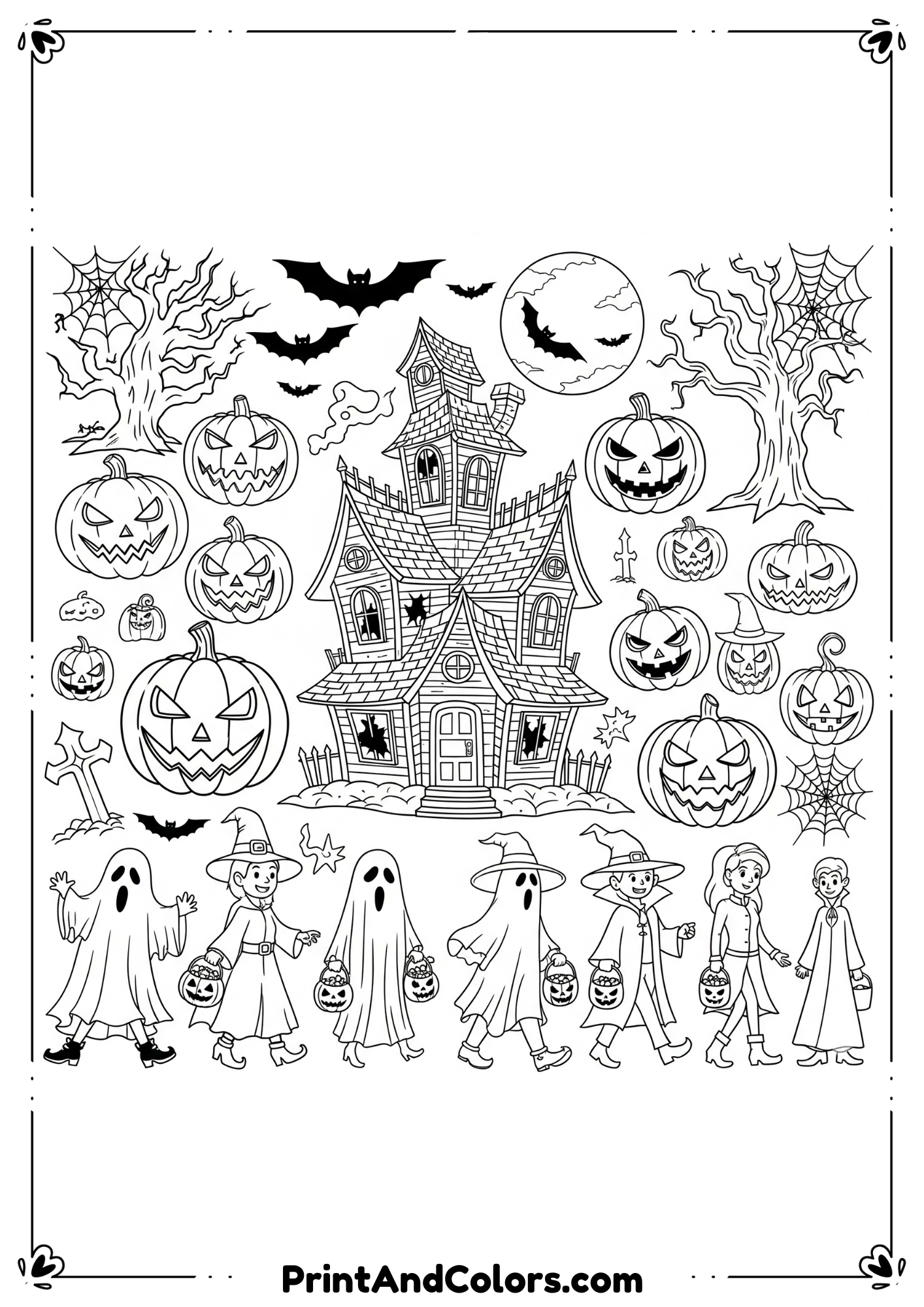 Printable collection of Halloween line art with haunted house, jack-o’-lanterns, and trick-or-treaters.