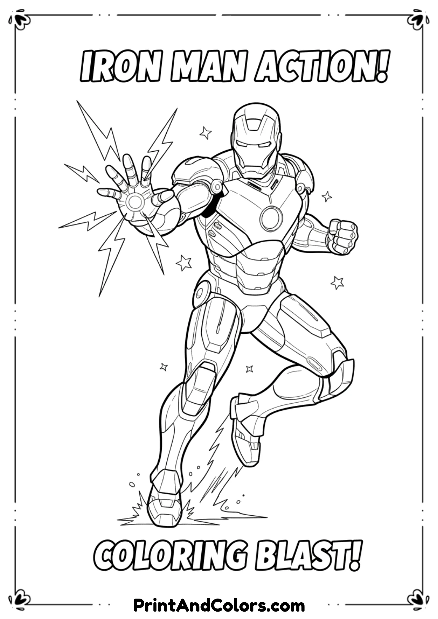 Clean outline of Iron Man in action pose, designed in black-and-white line art for printing.
