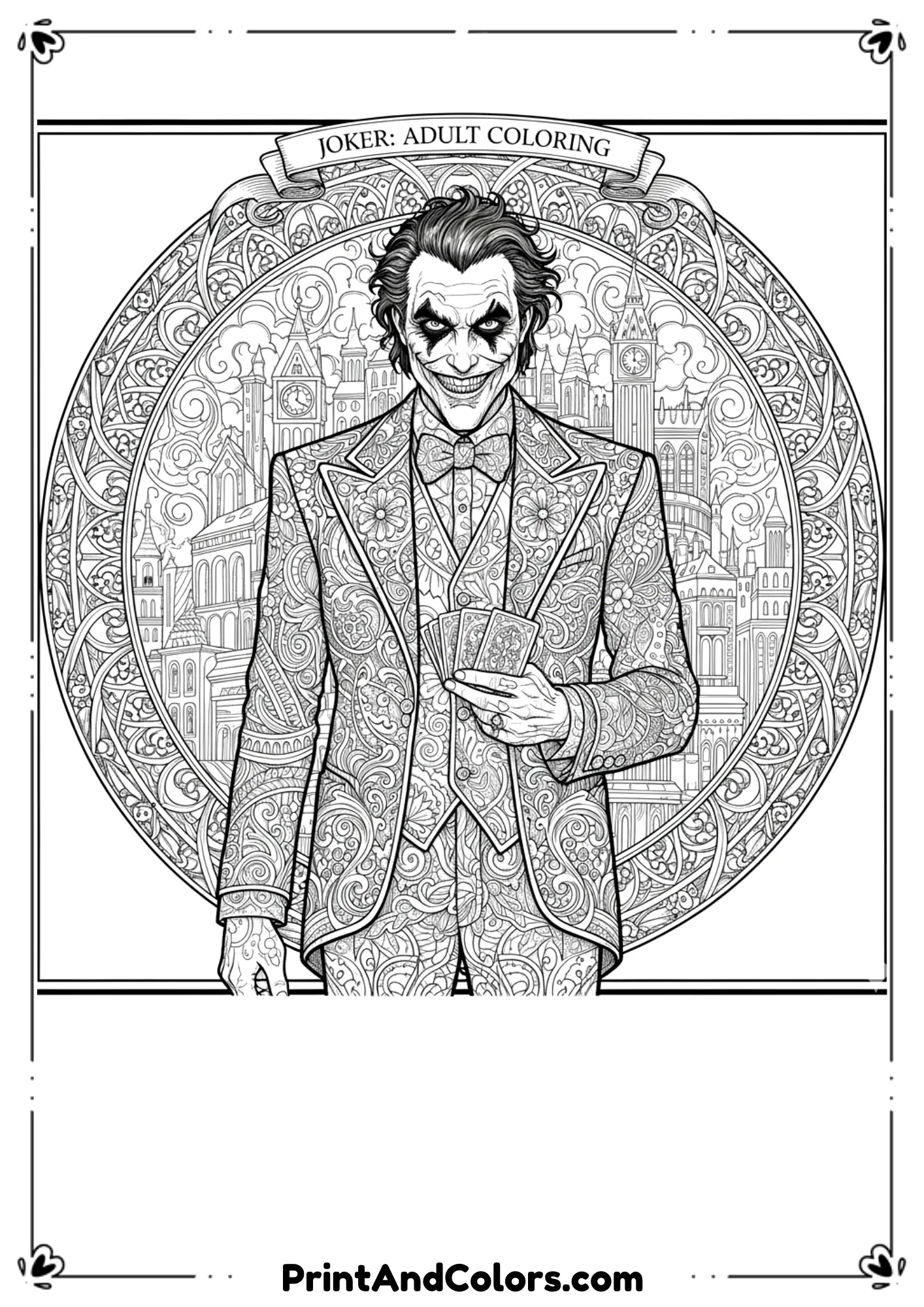 Detailed Joker artwork with intricate patterns, designed as printable black and white line art.
