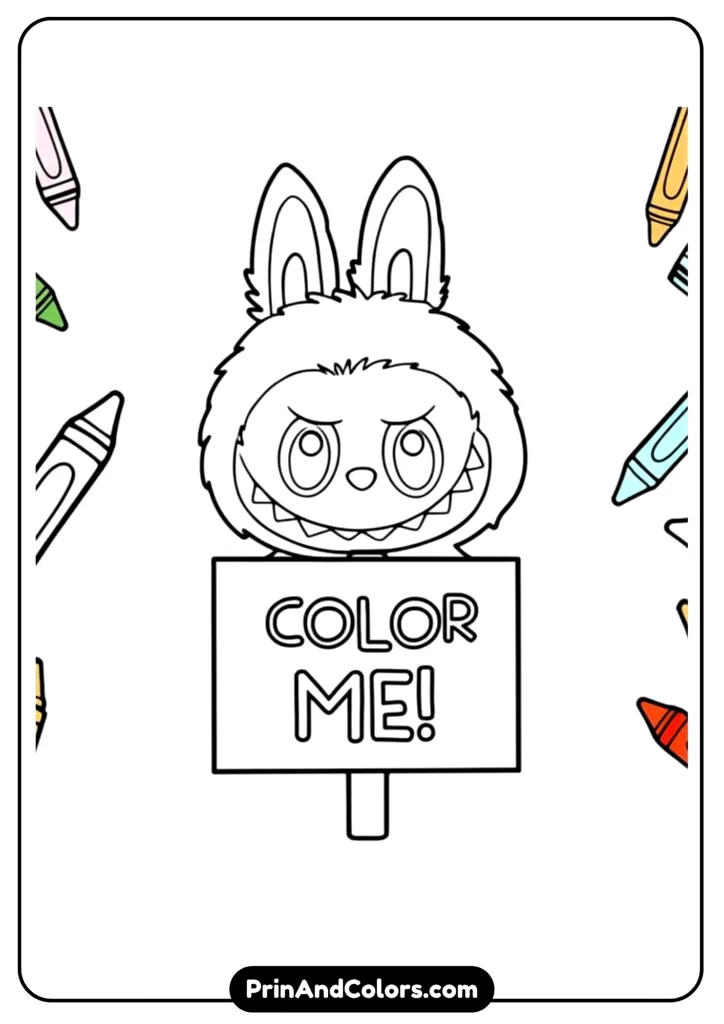 Simple clean line art of Labubu in standing pose, perfect for printing and coloring.