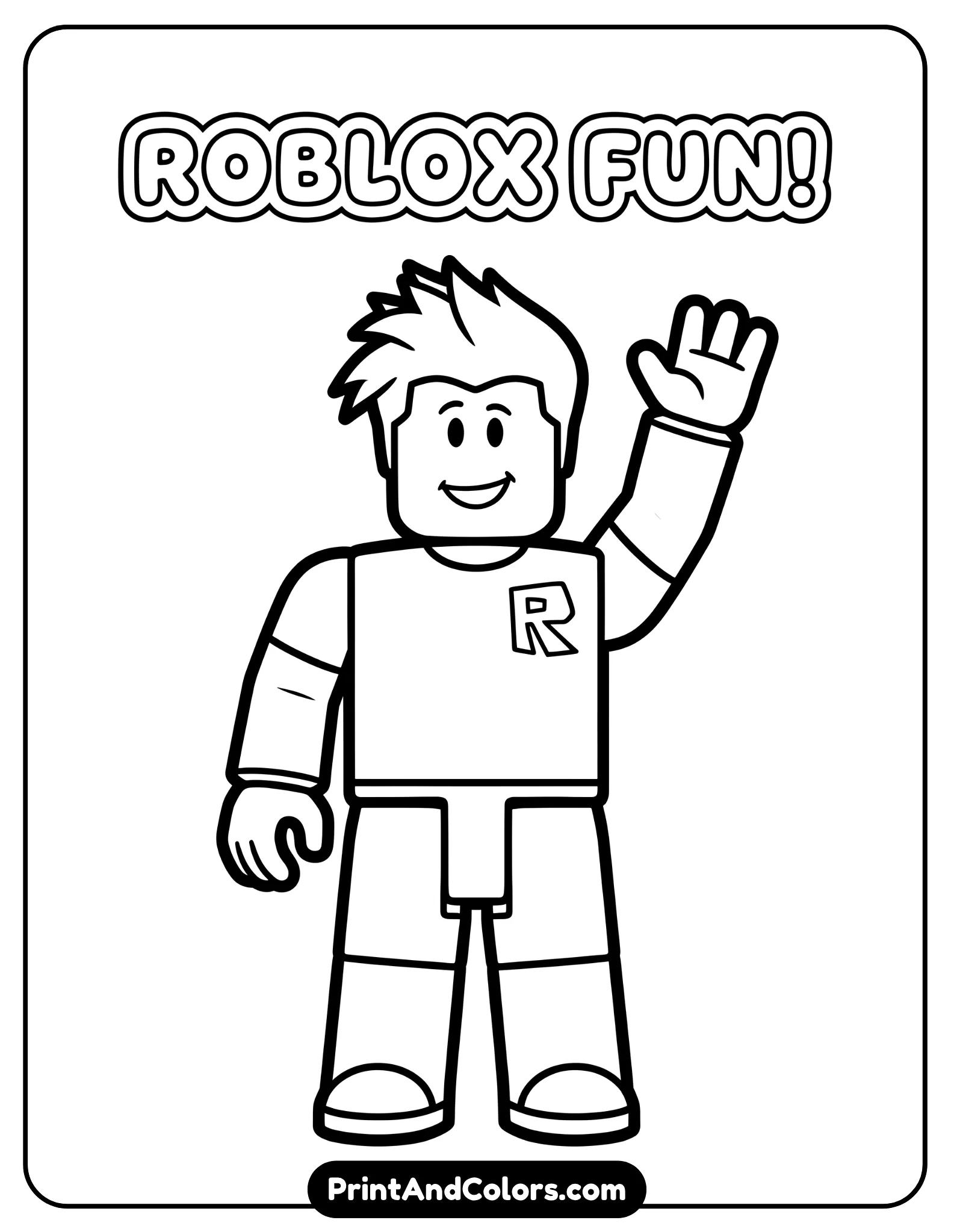 Generic Roblox avatar waving, centered composition, very clean thick outlines, no background clutter, optimized spacing for printing and coloring