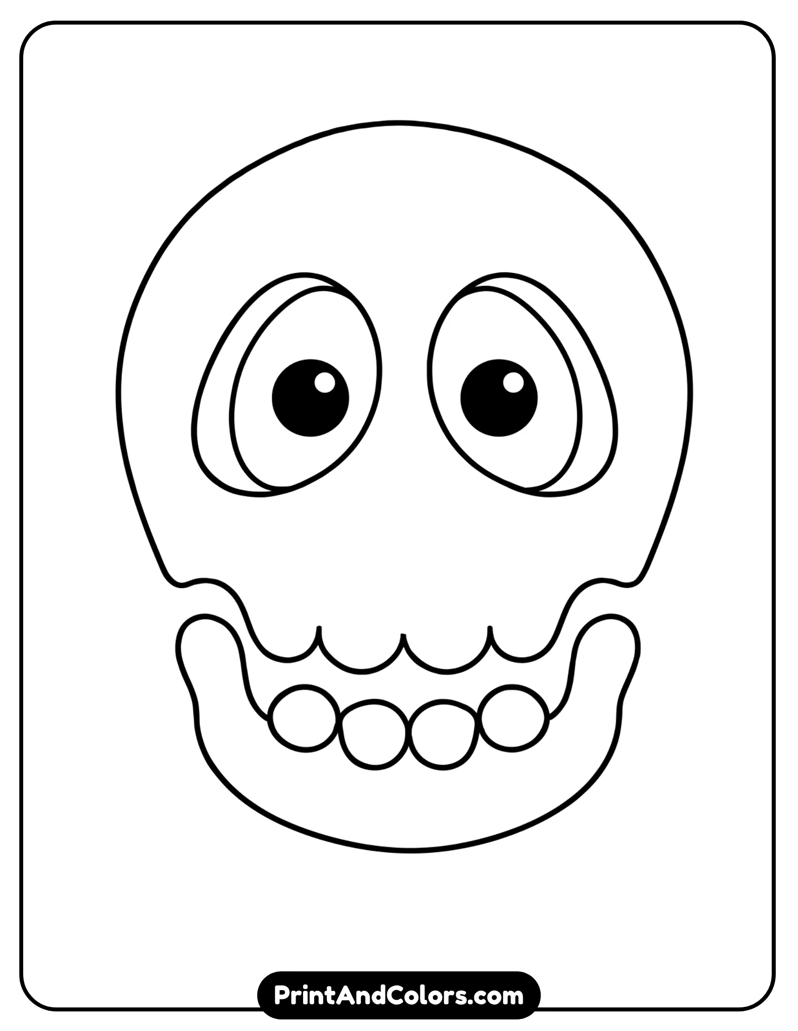 Completed easy skull drawing showing a front-facing skull with a rounded cranium, curved lower jaw, symmetrical eye sockets, central nasal cavity, clean black outlines, and light cream coloring