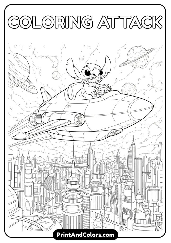 A stunning scene of Stitch flying a spaceship over a futuristic city with complex architecture and celestial planets in the background