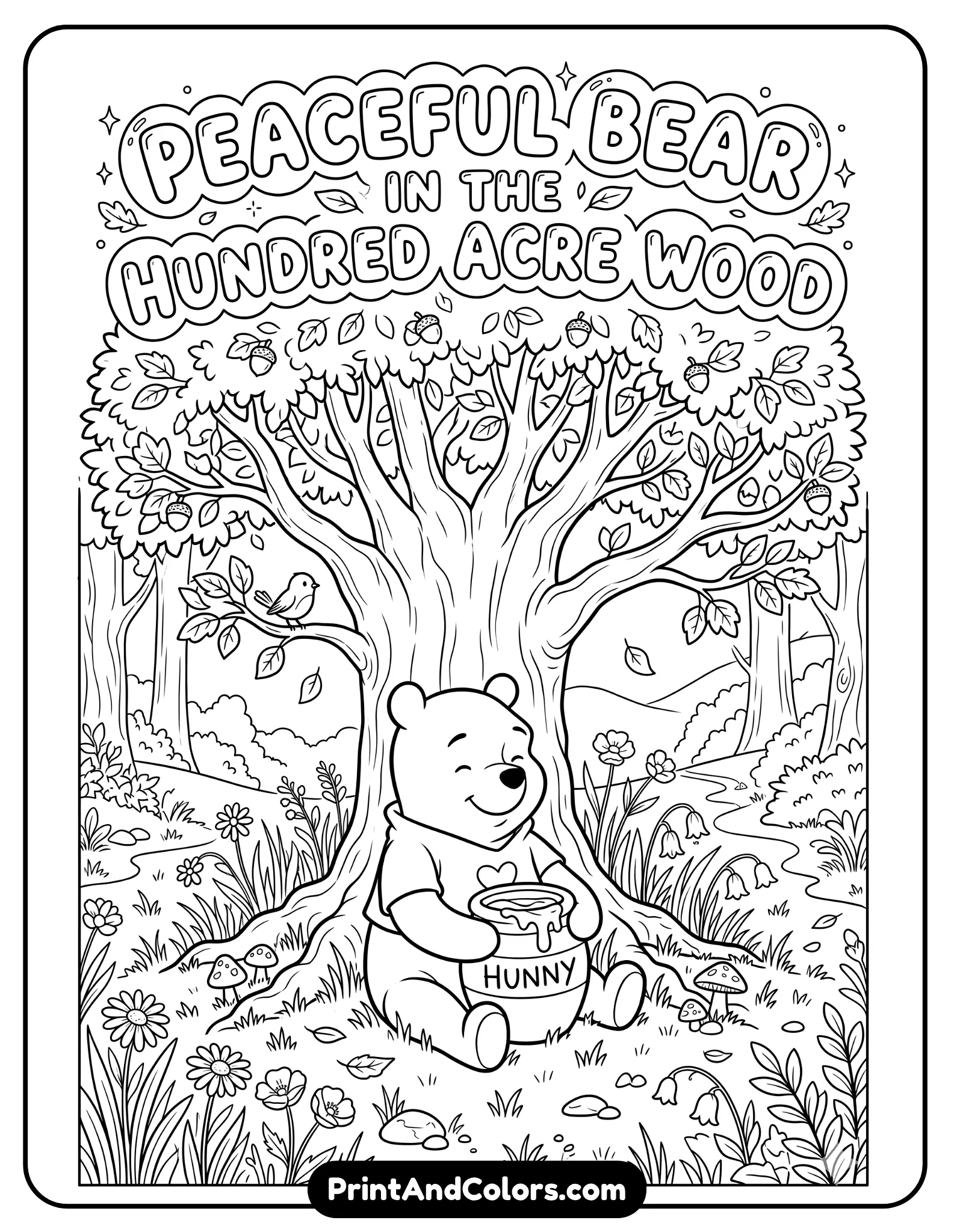 Black and white coloring page of Winnie the Pooh sitting peacefully under a large tree, holding a honey pot in his lap, tree branches with leaves above him, grass and flowers around, calm forest setting from Hundred Acre Wood, clean bold outlines, detailed but kid-friendly printable line art
