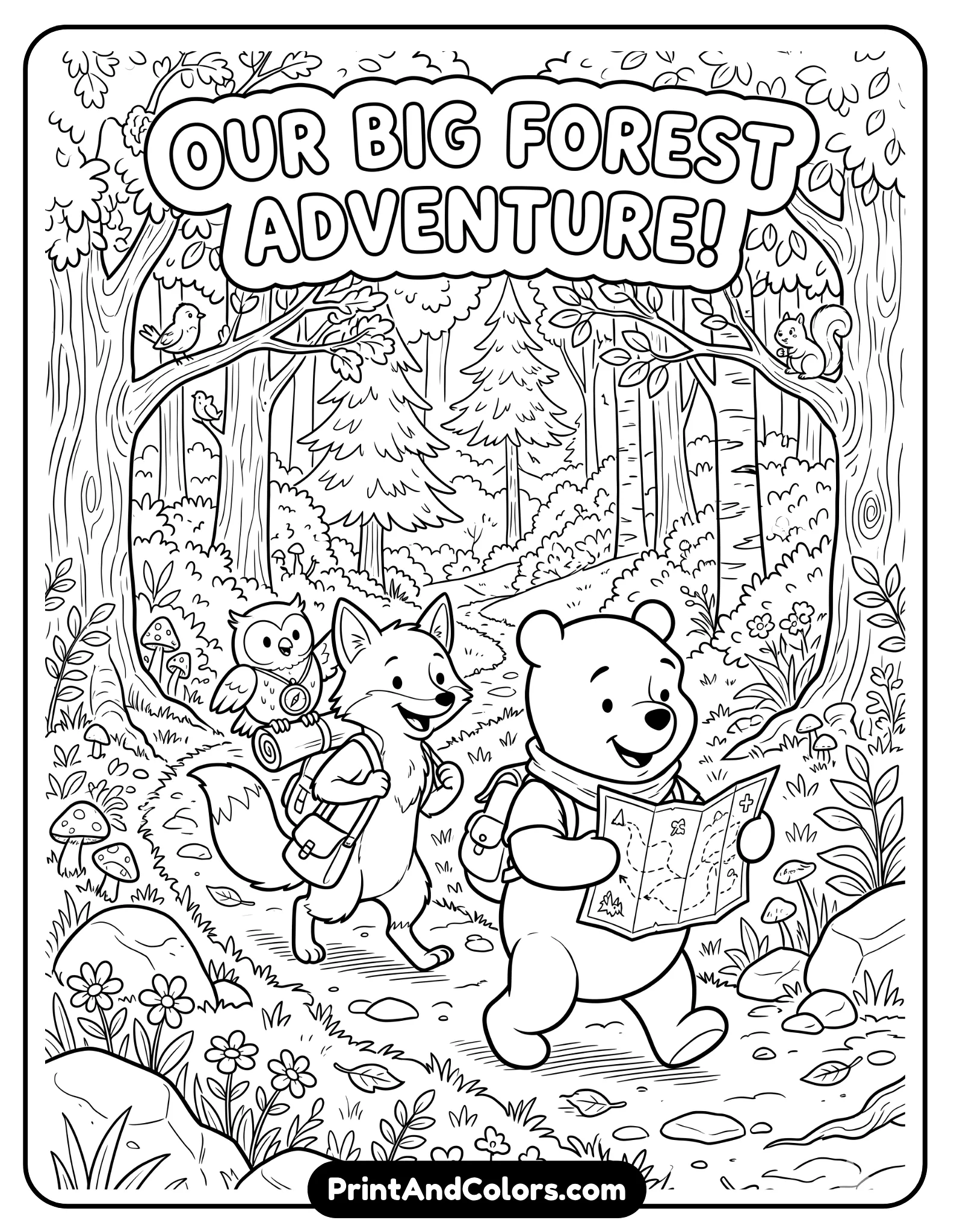 Adventure themed black and white coloring page of Winnie the Pooh and friends walking along a forest path carrying a map, playful cartoon expressions, trees and rocks around them, classic storybook illustration style, clean outlines for coloring