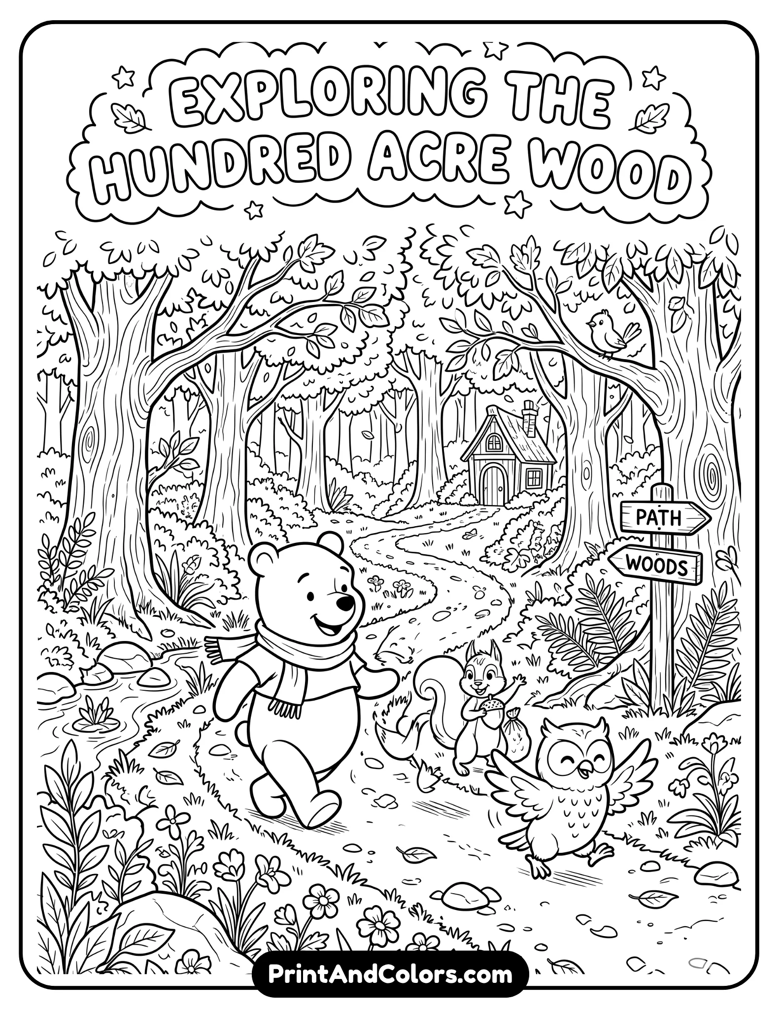 coloring page of Winnie the Pooh and friends exploring the Hundred Acre Wood together, trees, bushes, and a winding path, characters walking happily with playful expressions, clean line art for printable coloring