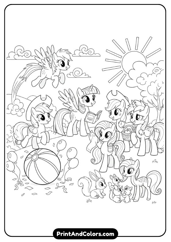A printable black and white coloring page featuring multiple My Little Pony Friendship Is Magic characters in one scene. Simple background, bold outlines, kid-friendly.