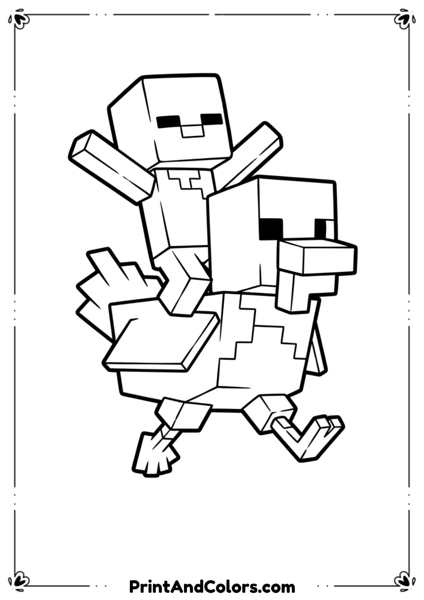  Black and white line art of a chicken jockey with baby zombie riding a chicken, fun pose, bold outlines, no shading, printable coloring page.
