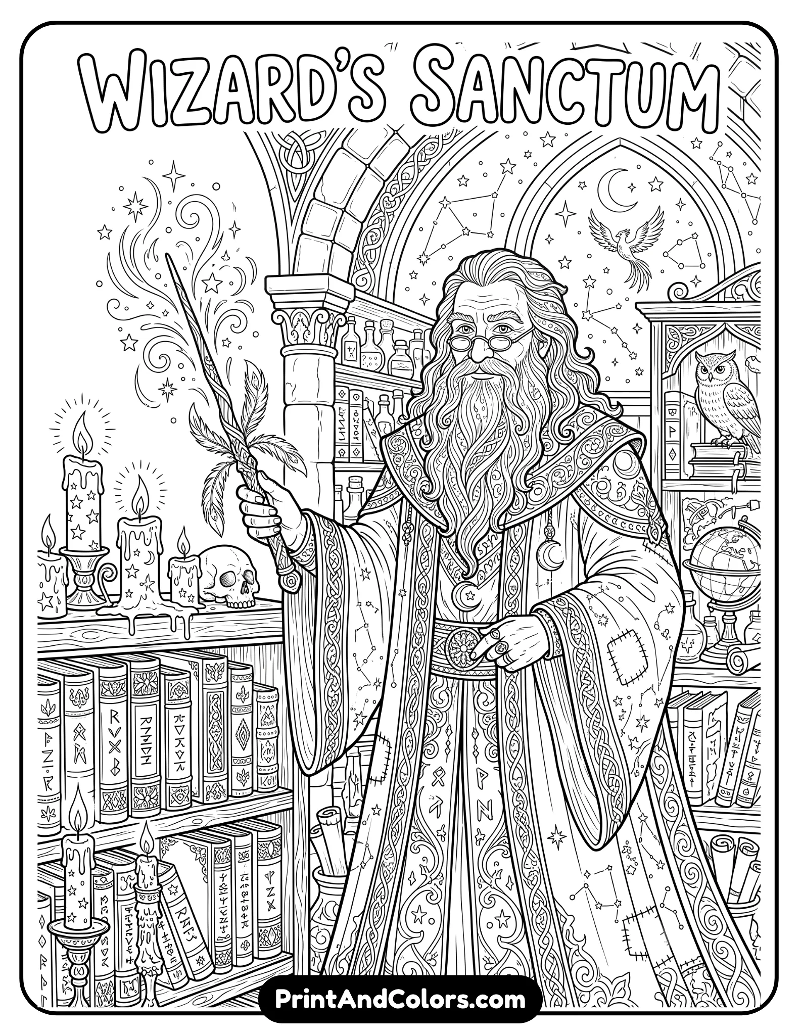 Highly detailed black and white coloring page of a wise elderly wizard with long flowing beard, half-moon glasses, and layered magical robes holding a wand. Include phoenix feathers, ancient books, glowing candles, stars, and ornate magical patterns. Printable fantasy coloring book line art with intricate robe textures and no shading