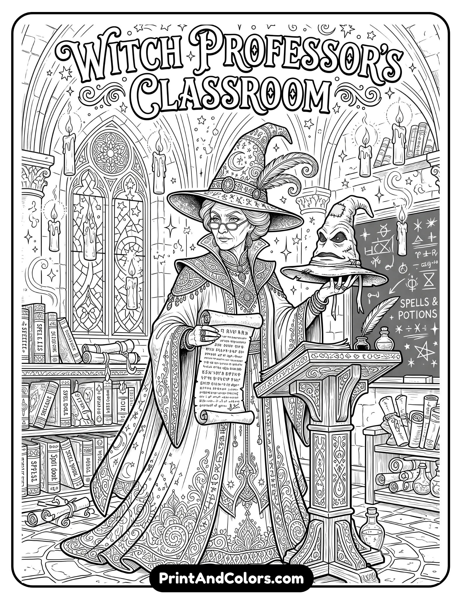 Detailed black and white coloring page of a strict witch professor wearing elegant robes and pointed hat while holding a magical sorting hat and ancient scroll. Include floating candles, castle classroom details, stars, and spell books. Printable fantasy line art with intricate robe patterns