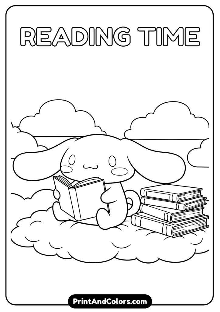 Fluffy puffy Cinnamoroll sitting on soft clouds with a stack of books beside him, holding an open book, cartoon black and white outline art, no colors, simple clean lines, cloud background