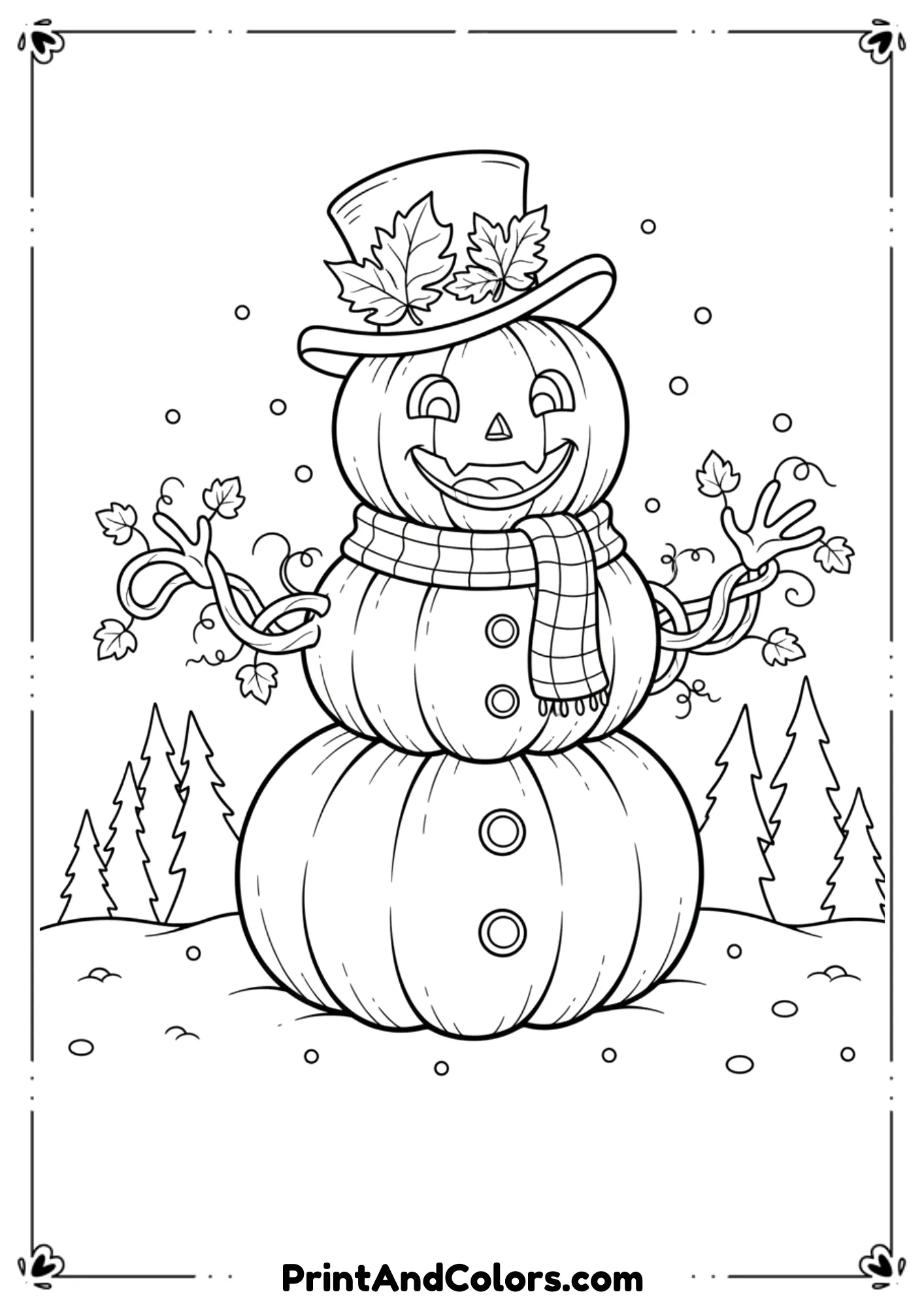 Black and white line art of a snowman made from stacked pumpkins instead of snowballs. Carved pumpkin face, leaf hat, and vine arms. Fall + winter fusion style. Clean outlines.