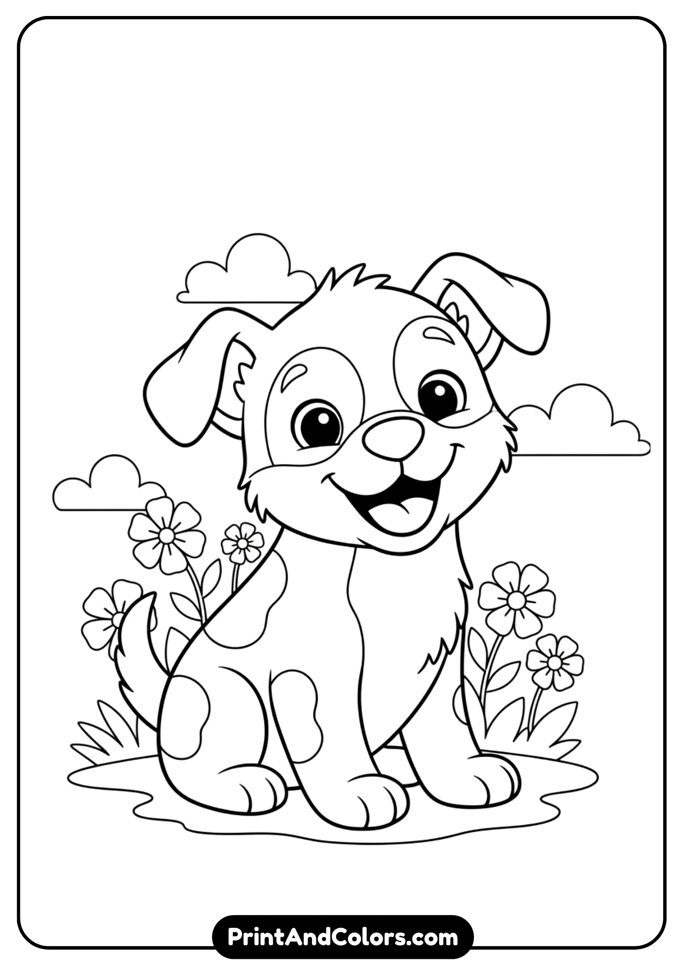 General black and white outline drawing of a puppy sitting happily, designed for easy printing as a coloring page.