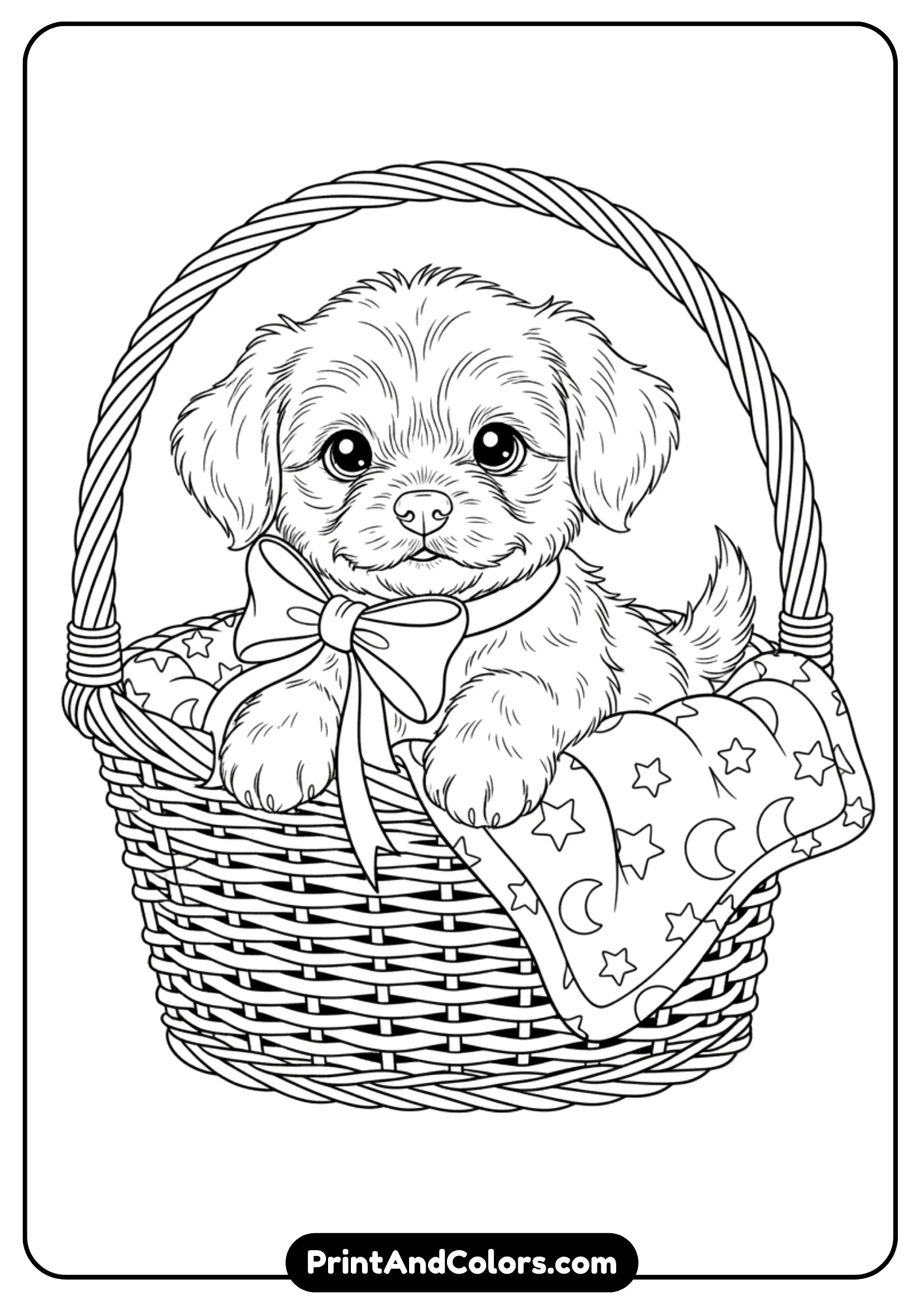 Outline art of a small puppy sitting in a woven basket, drawn in black and white. Cute details like a bow or blanket can be added for coloring fun.
