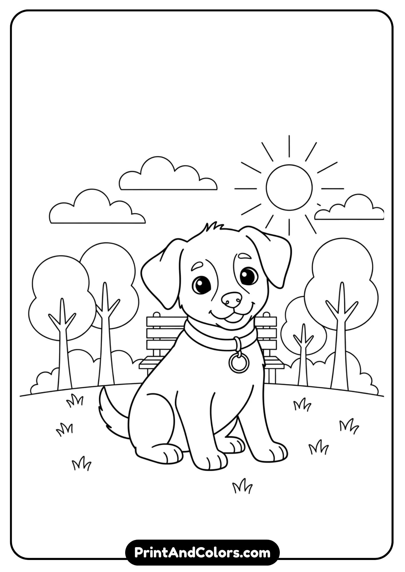 Black and white outline of a puppy sitting in a park with simple trees and grass in the background. Clear outlines, playful setting for a coloring page