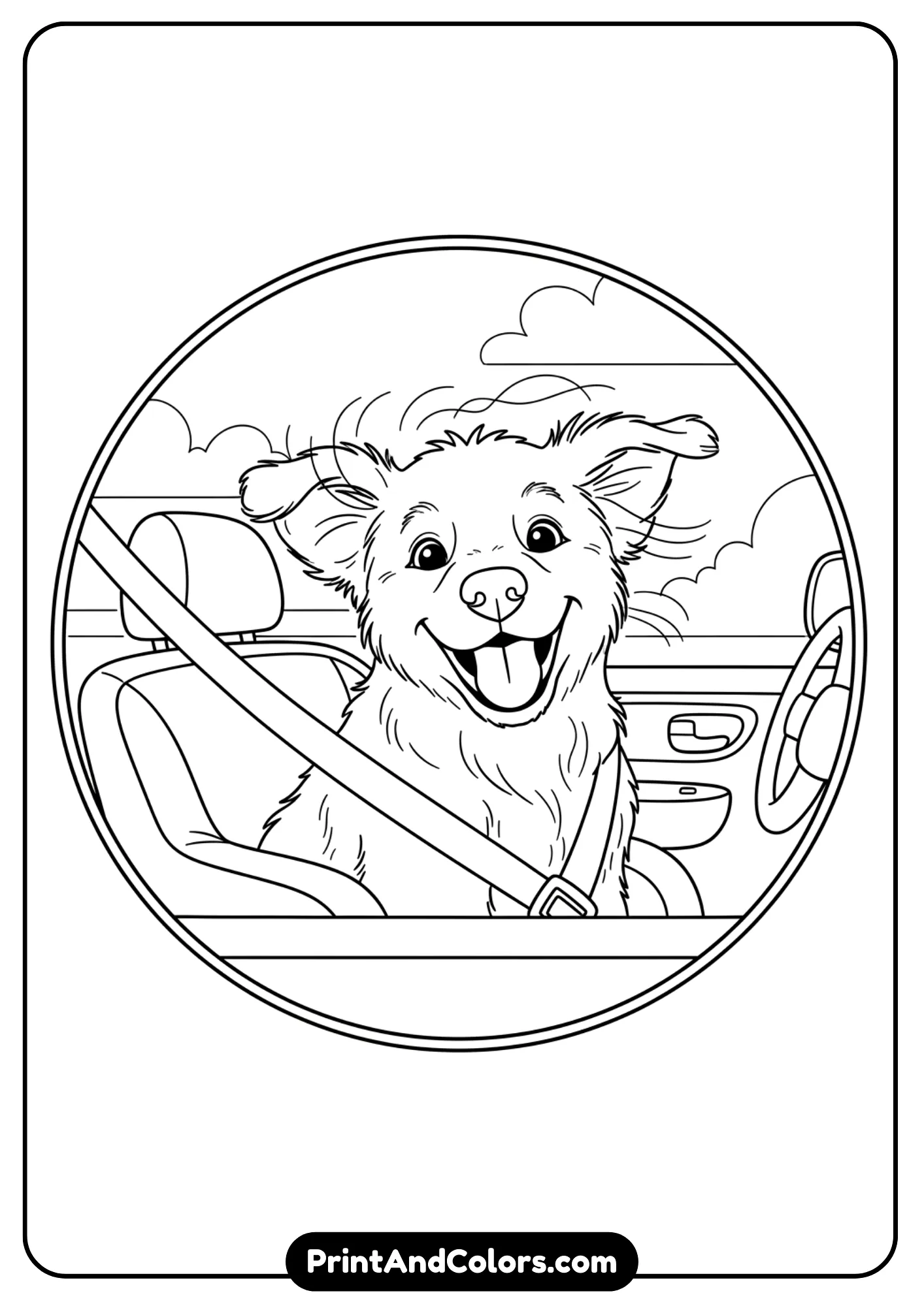 Black and white line drawing of a puppy sitting happily inside a car seat with its head sticking out of the window. Simple outlines for coloring.