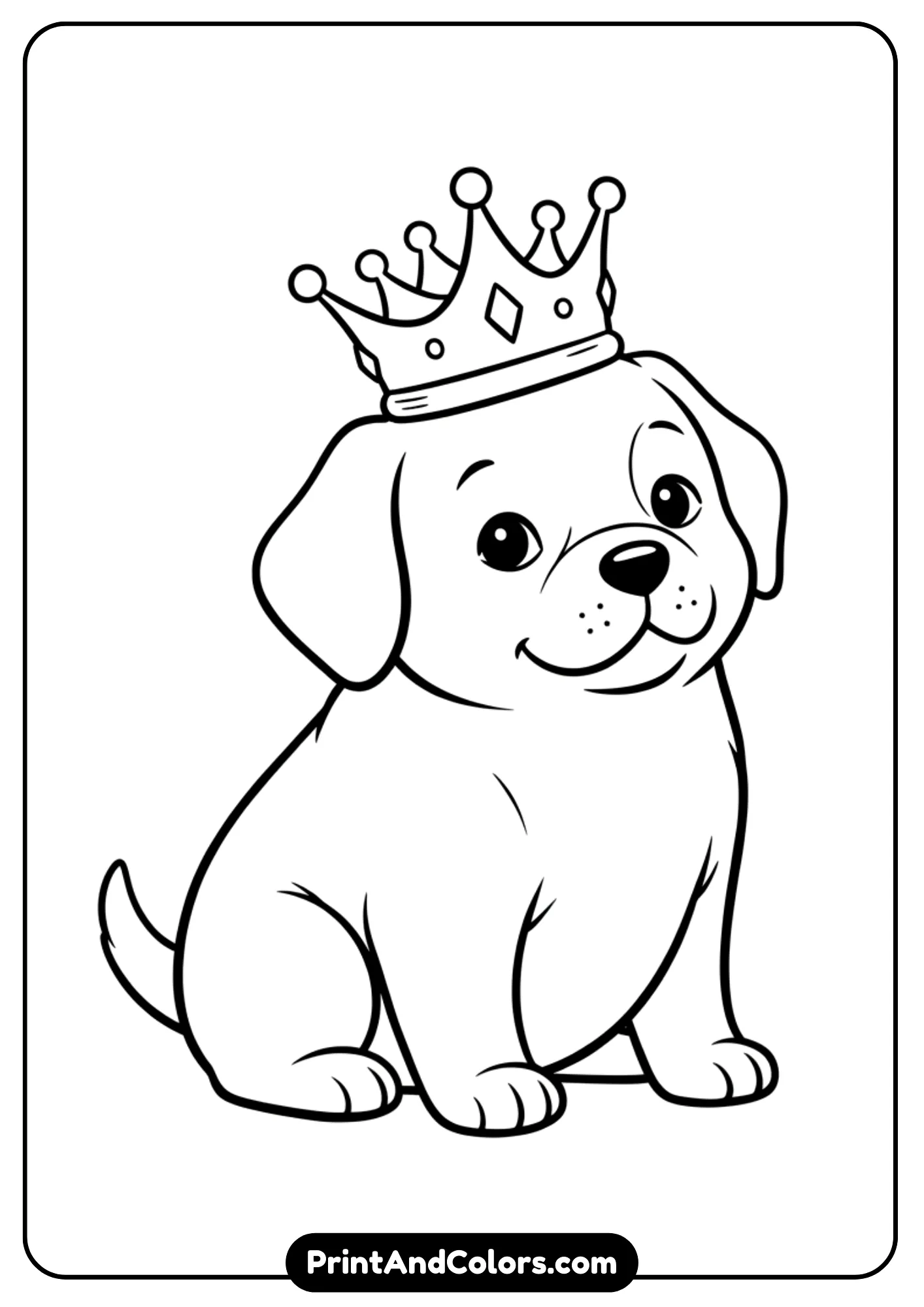Outline drawing of a puppy wearing a royal crown, sitting proudly. Simple black and white lines for a kids’ coloring page