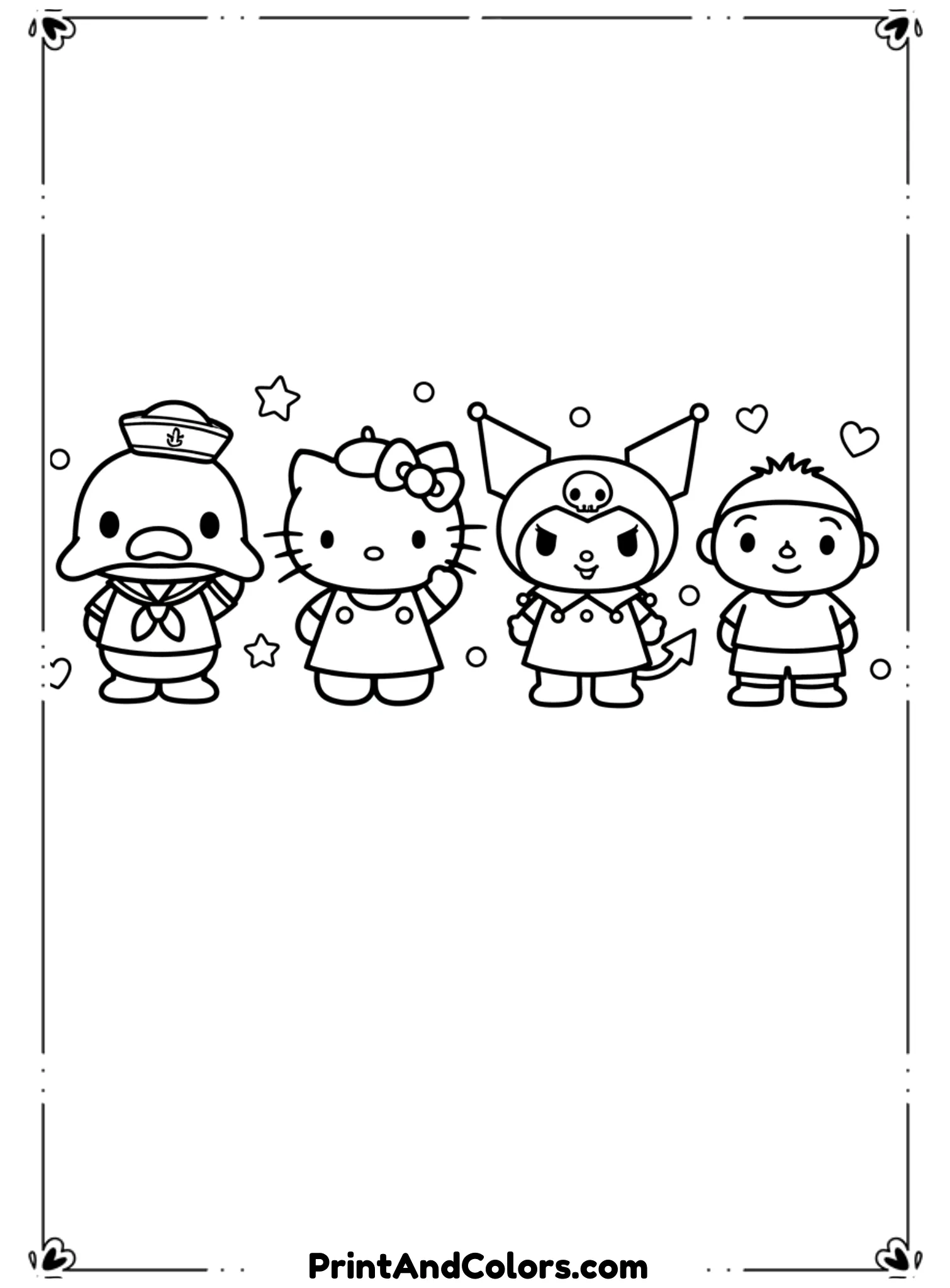  Create a large group illustration with PomPompurin, Hello Kitty, Kuromi, Badtz-Maru, Tuxedo Sam, and Minna no Tabo. All characters should be evenly spaced, smiling, and clearly outlined. Use bold black line art, no color or shading, and keep the background simple for easy coloring.
